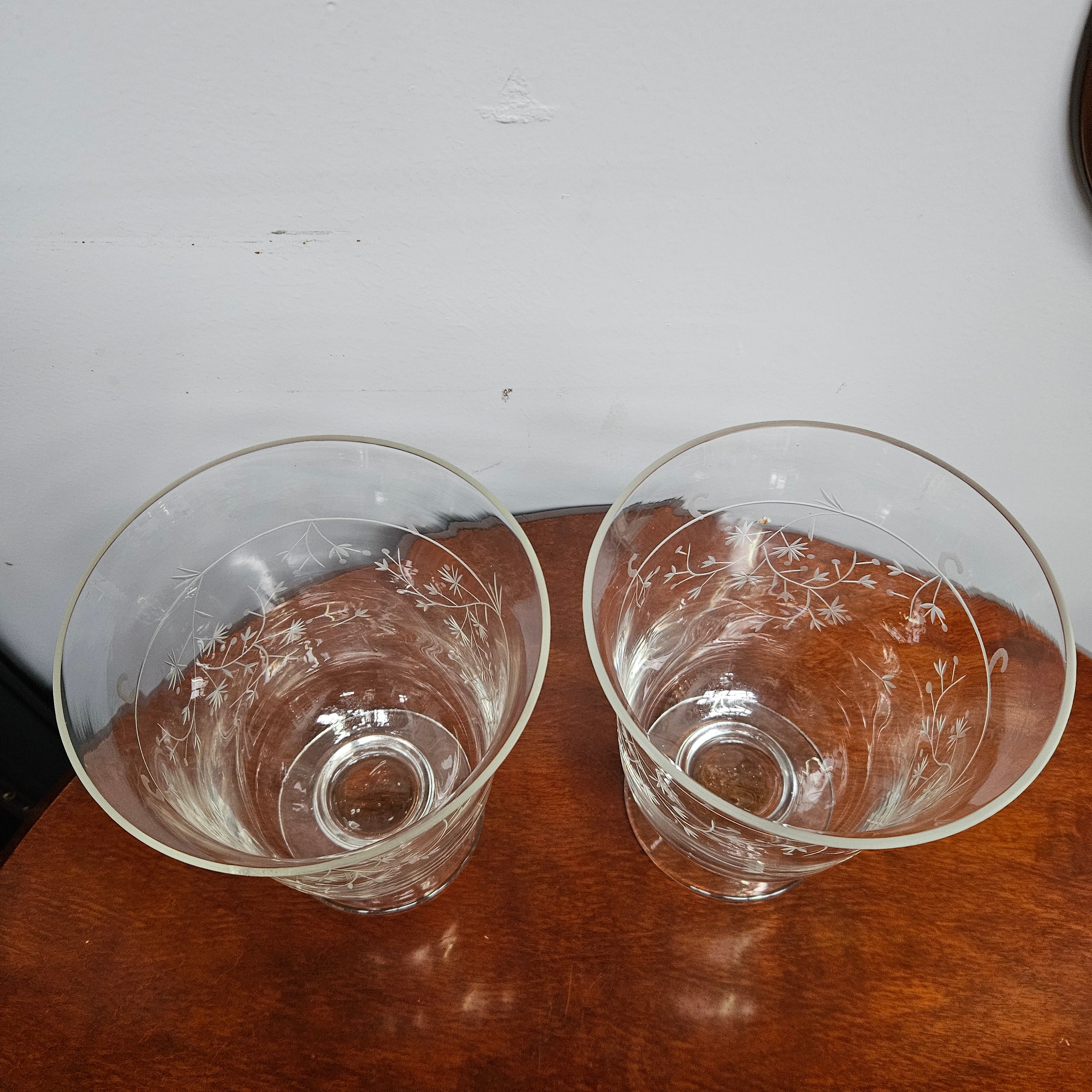 Pair Victorian Or Earlier Etched Glass Vases/Candle Holders
