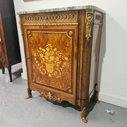 French Walnut Louis XV Style Marble Top Marquetry Inlaid Side Cabinet | Antique & Vintage | Moonee Ponds Antiques | Australia Wide Delivery