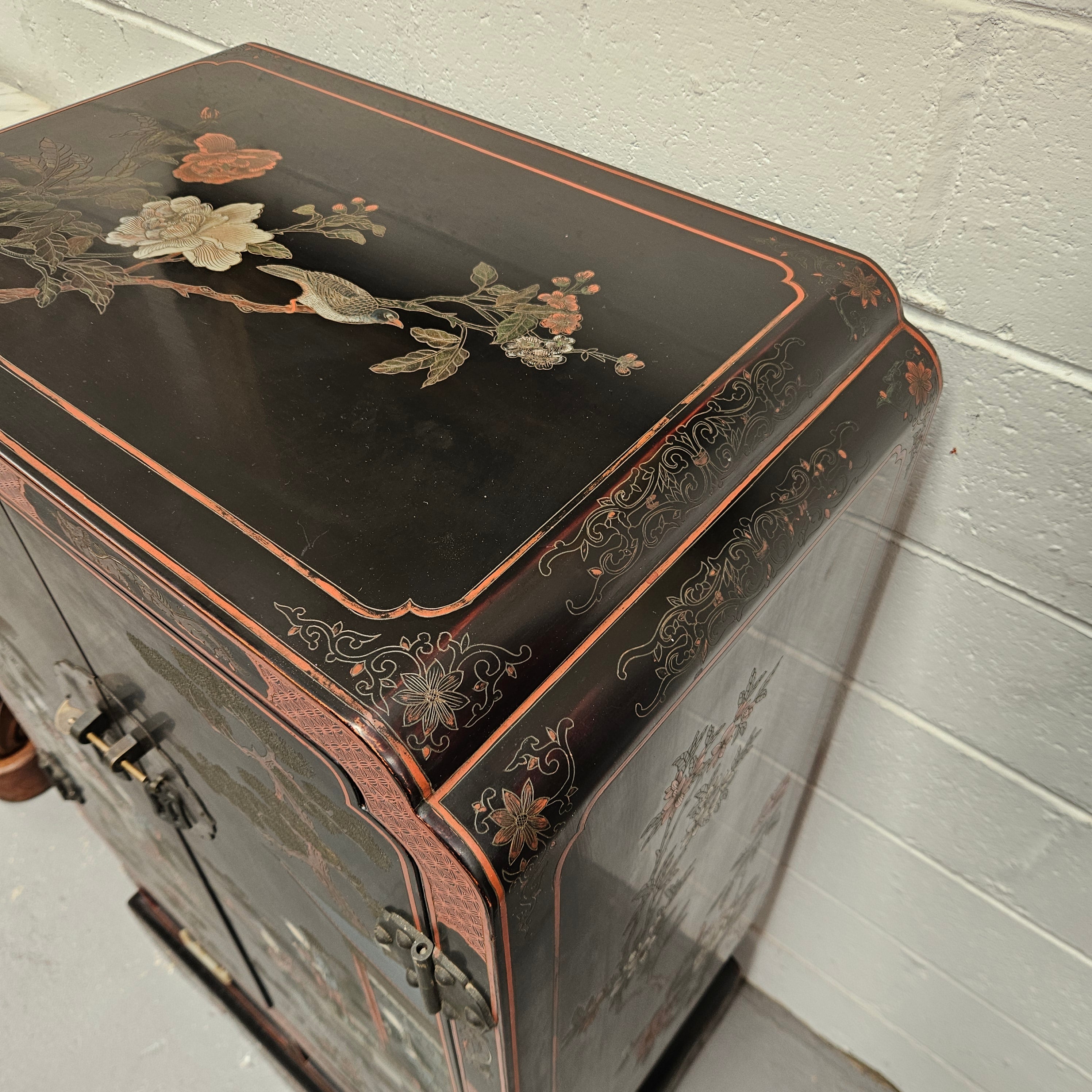 High Quailty Ebonised Chinese Cabinet with Jade Handel's & Handel's Painted | Antique & Vintage | Moonee Ponds Antiques | Australia Wide Delivery