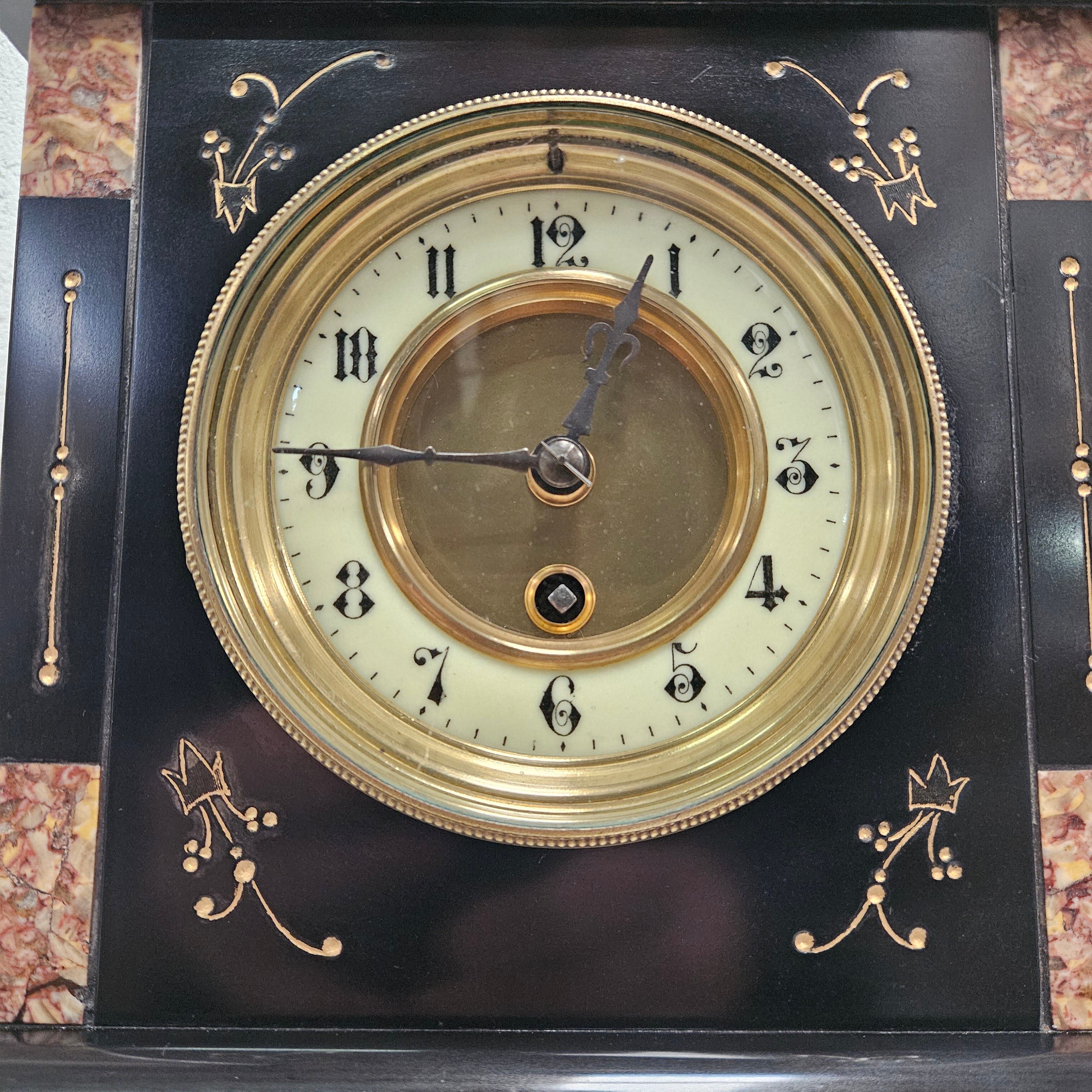 French Inlaid Marble Time Piece Clock Fully Serviced