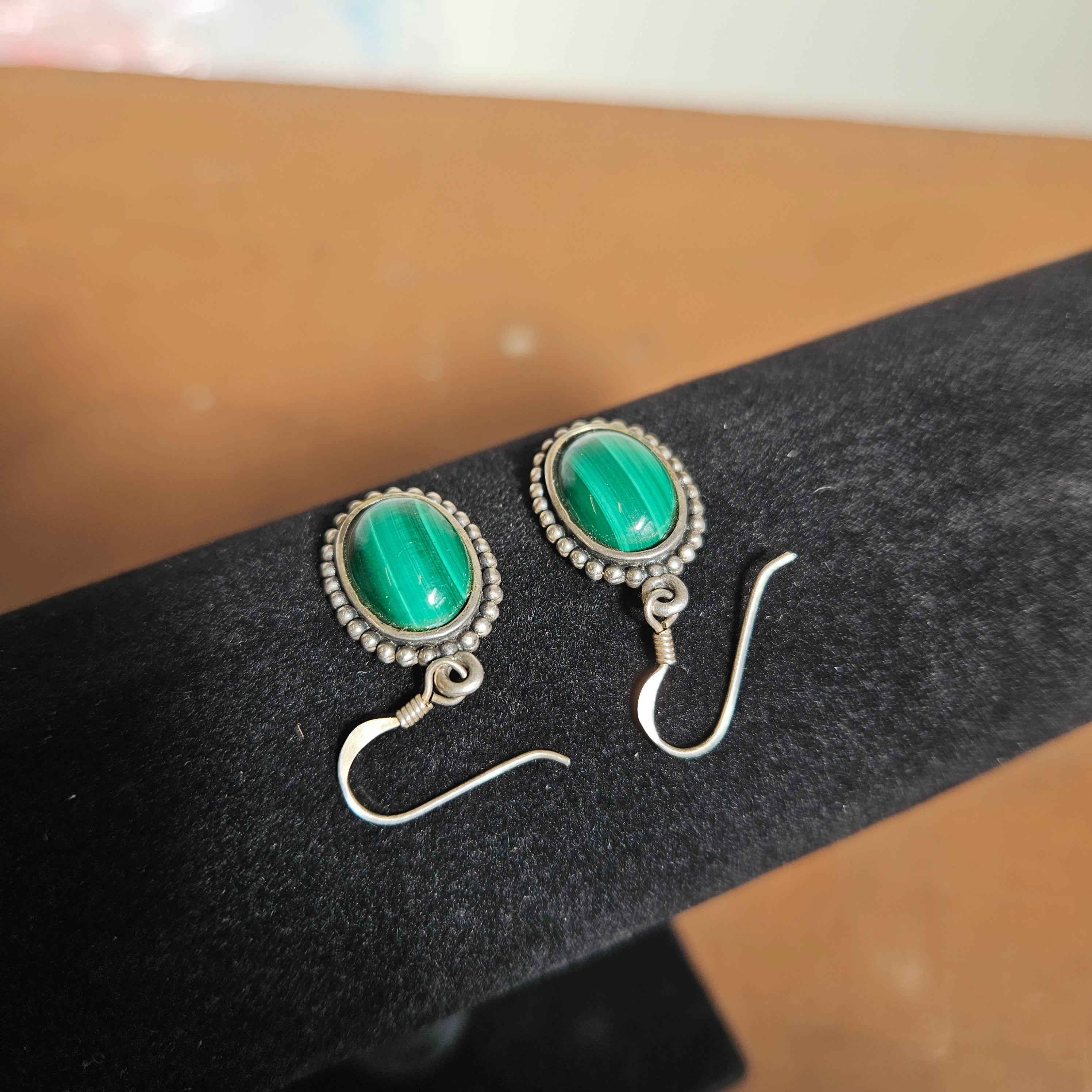 Vintage Oval Malachite & Sterling Silver Drop Earrings
