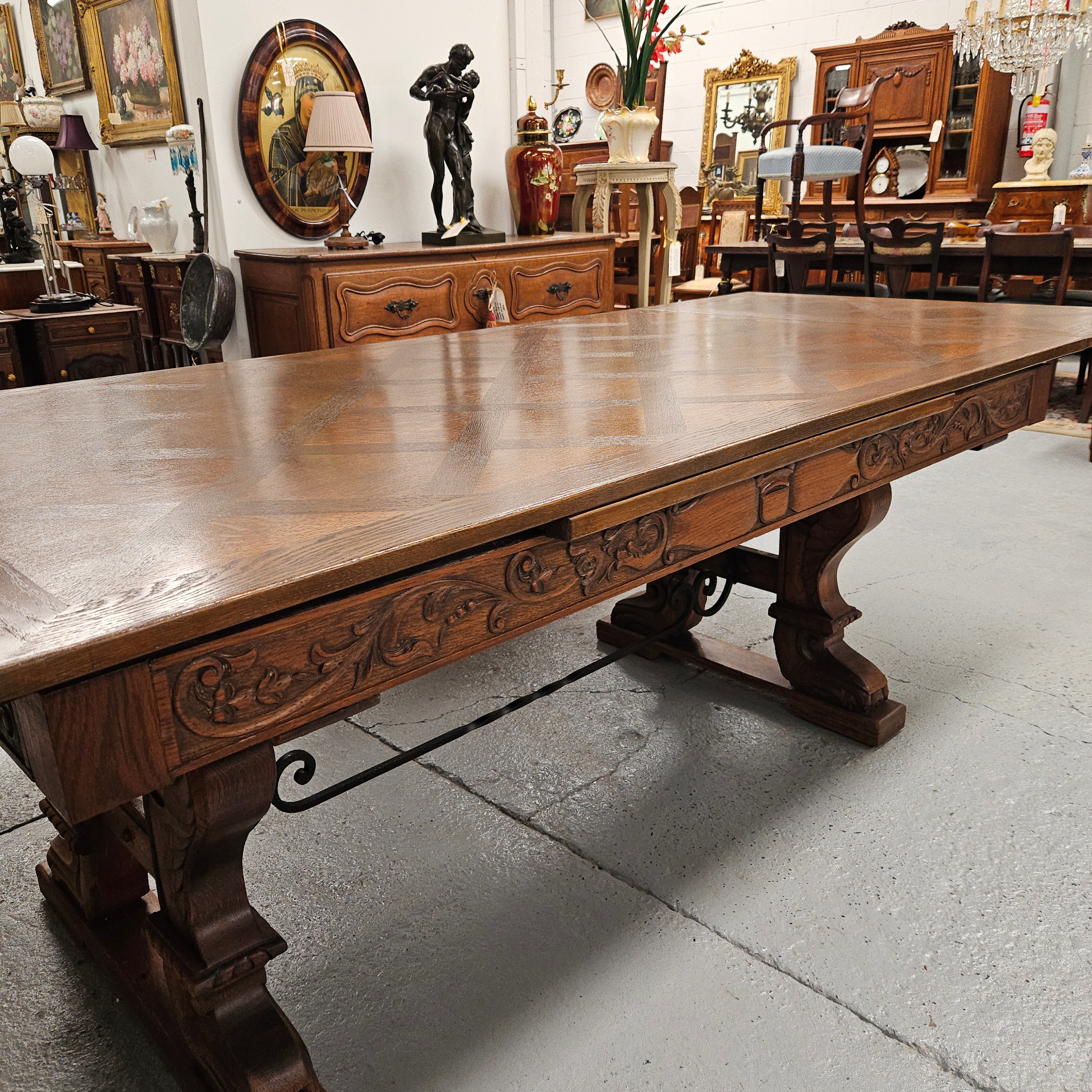 French Oak Spanish Style Parquetry Top Extension Dining Table | Antique & Vintage | Moonee Ponds Antiques | Australia Wide Delivery