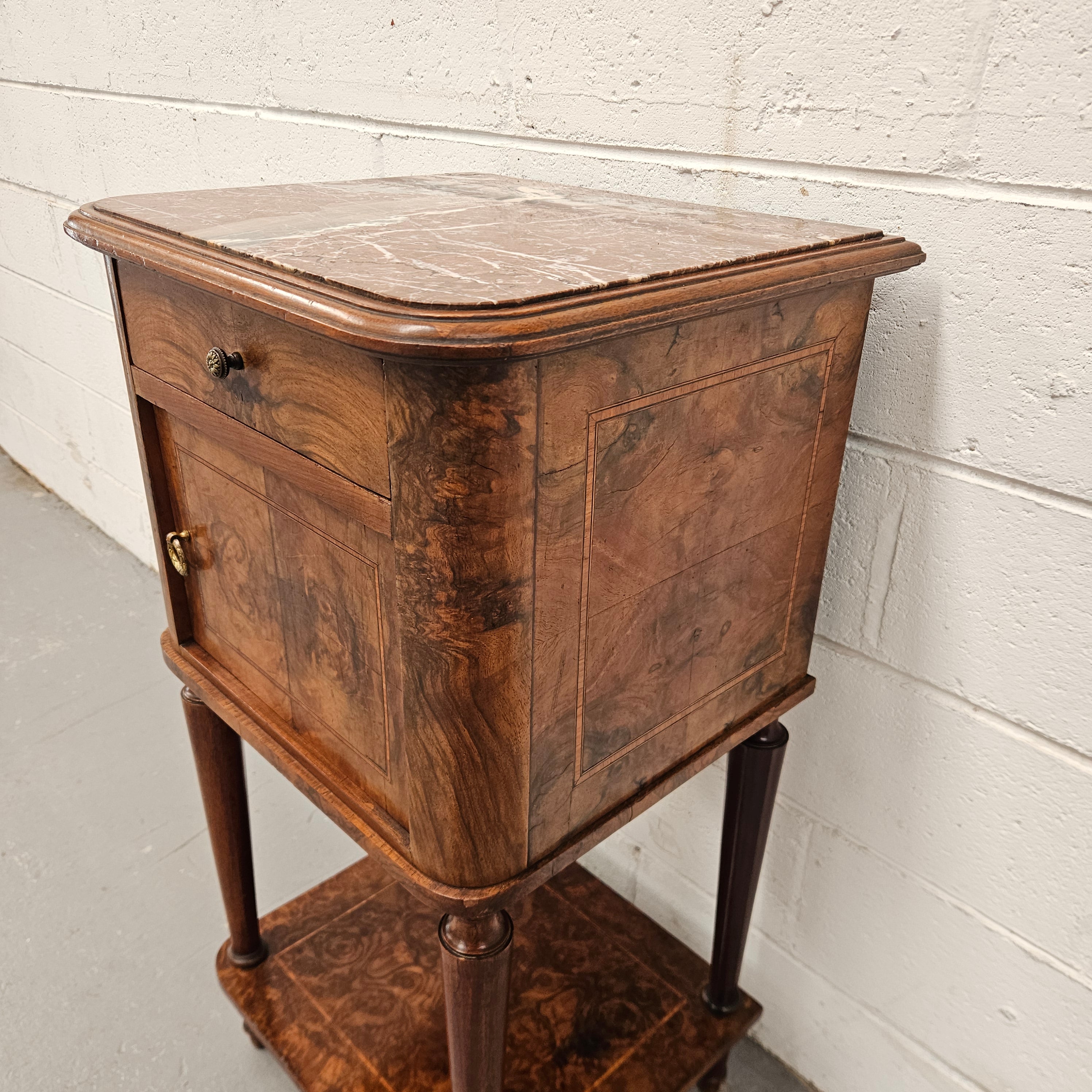 French Figured Walnut Marble Top Bedside | Antique & Vintage | Moonee Ponds Antiques | Australia Wide