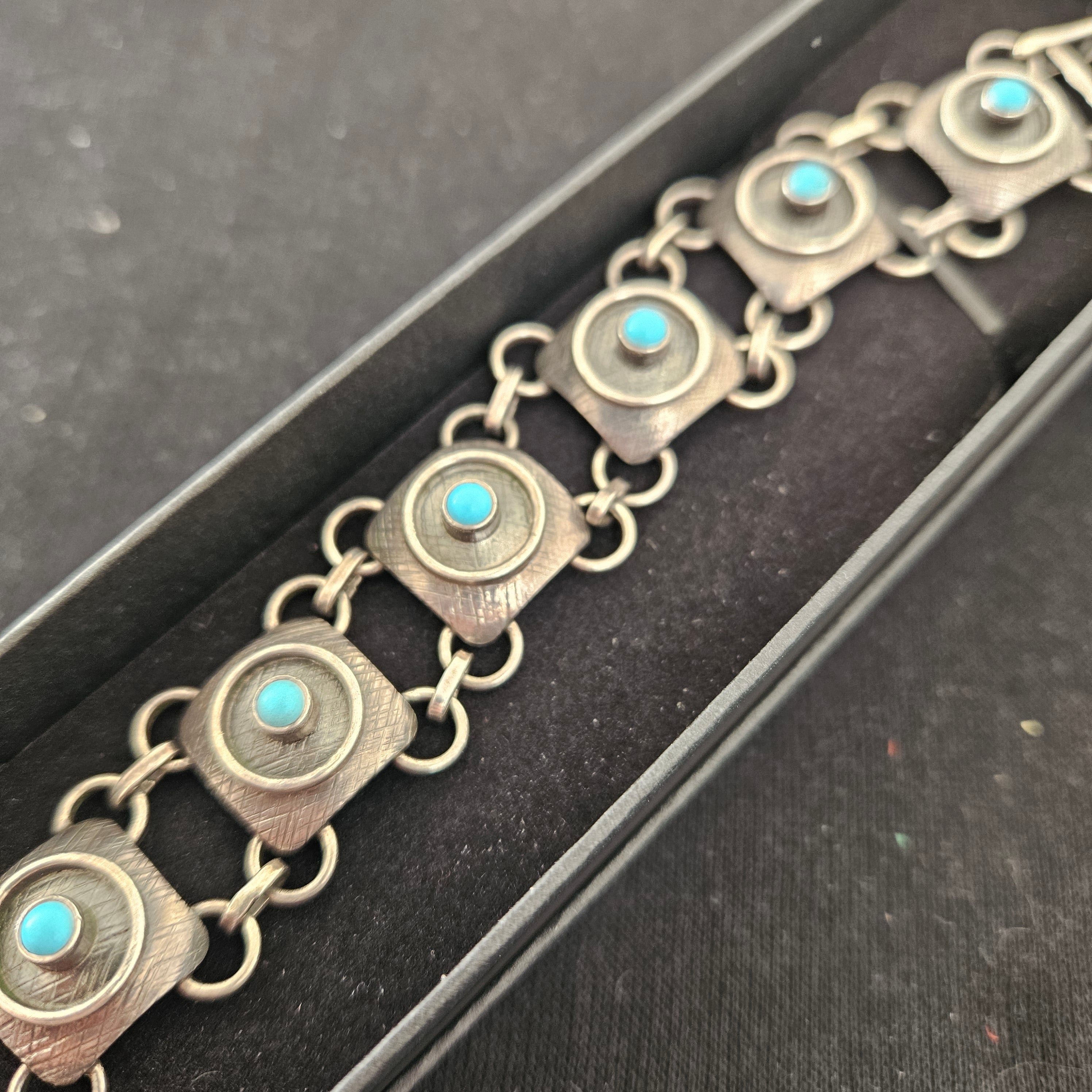 Vintage Silver "800" Modernist Bracelet set with Cabochon Turquoise. Maker ORNO Warsaw.