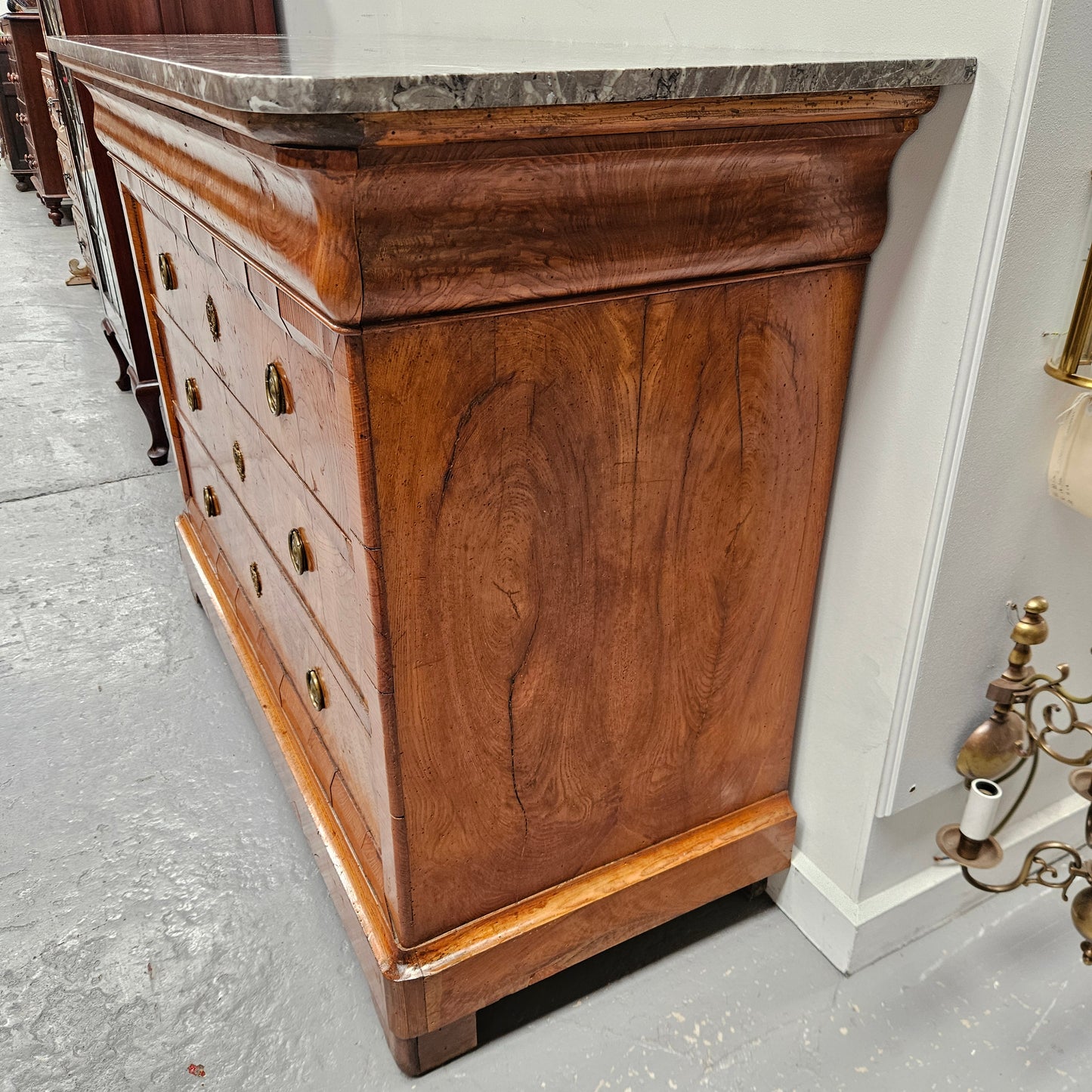 Stunning French 18th Century Elm Commode With Superb Original Grey Marble