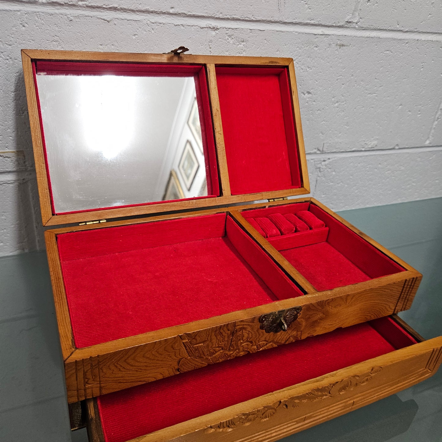 Vintage Chinese Maple Jewellery Box With Hand Carvings
