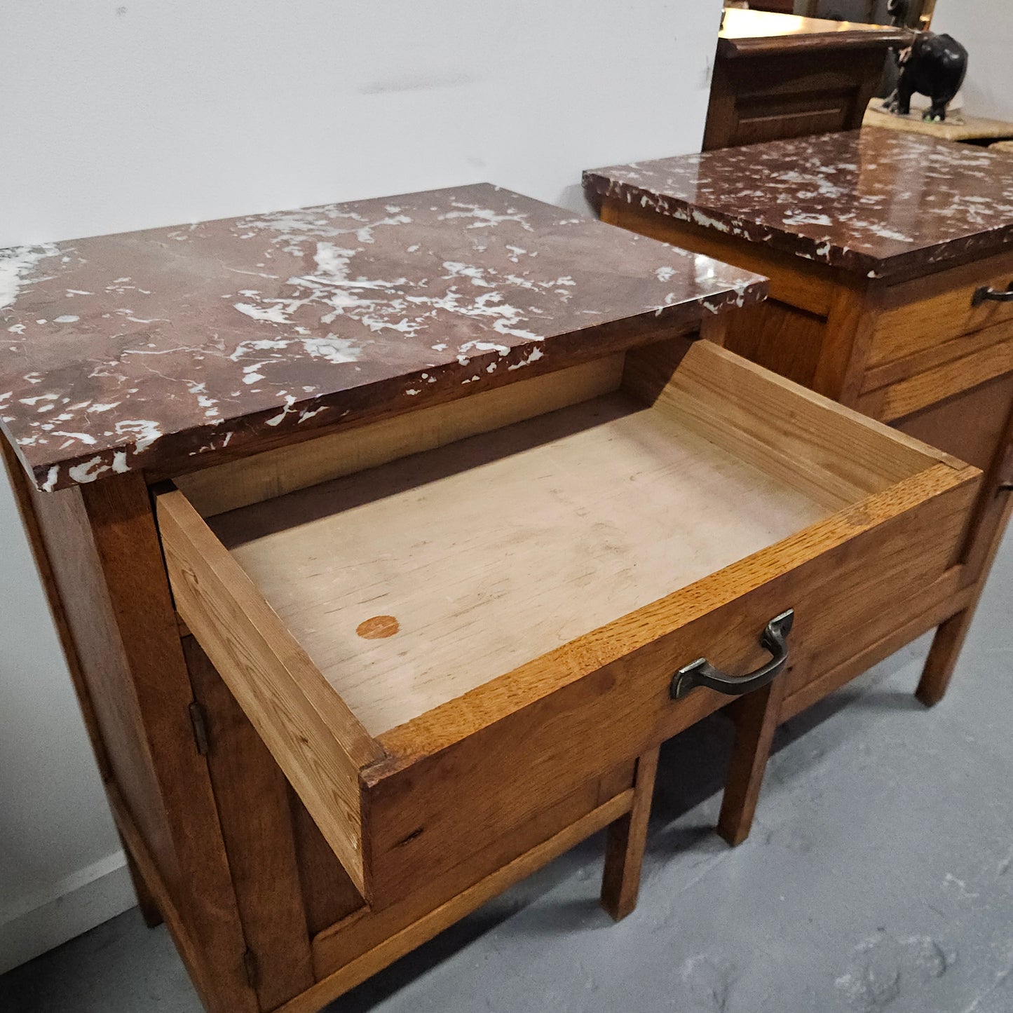 Oak Marble Top Side Cabinet With Drawer