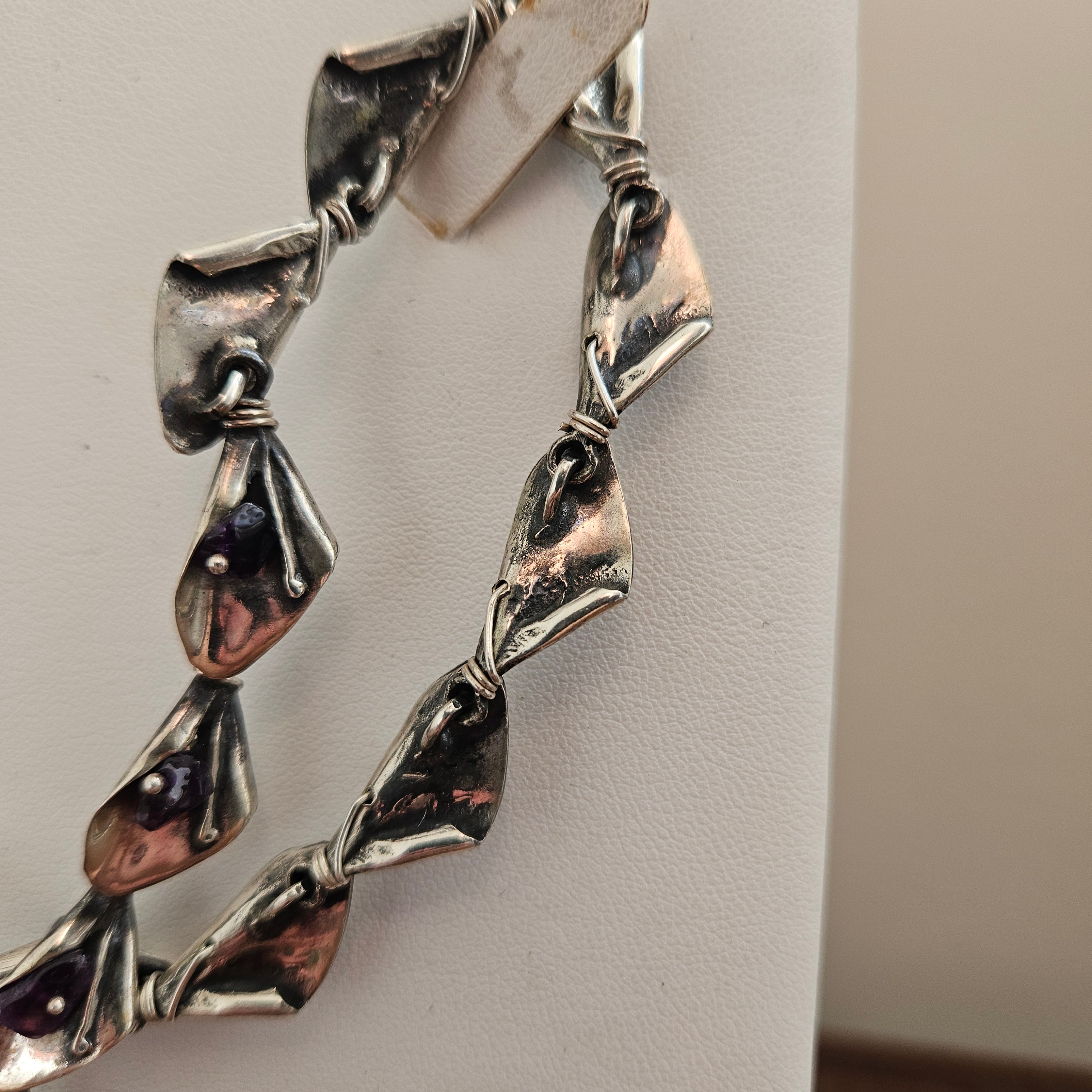 Vintage Sterling Silver Leaf Link And Amethyst Necklace