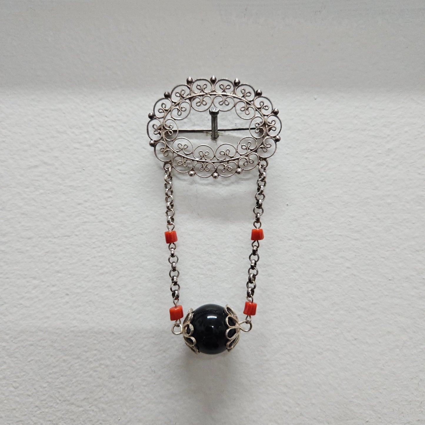 Silver Filigree And Bead Brooch