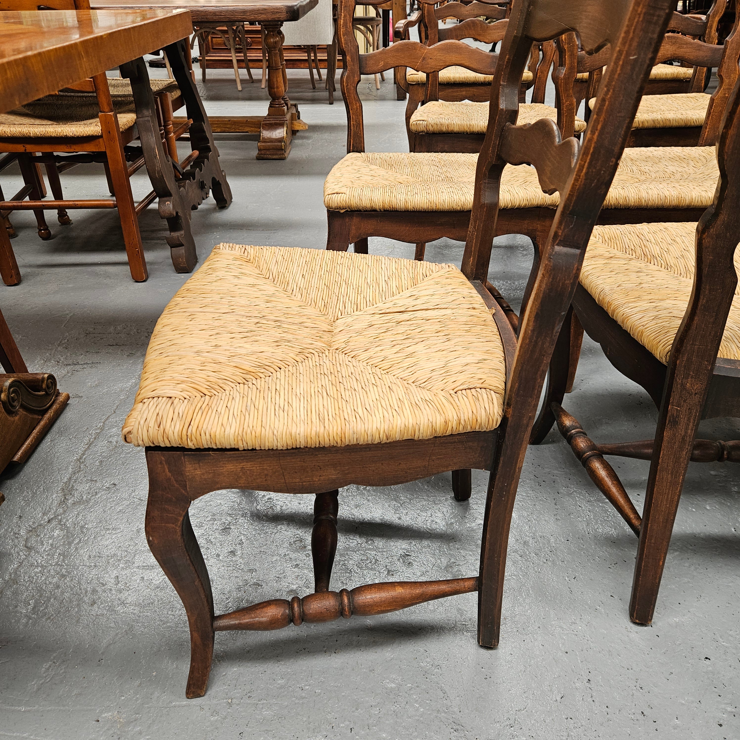 Set of Ten French Oak Rush Seats 8 Dining Chairs & 2 Carvers | Antique & Vintage | Moonee Ponds Antiques | Australia Wide Delivery