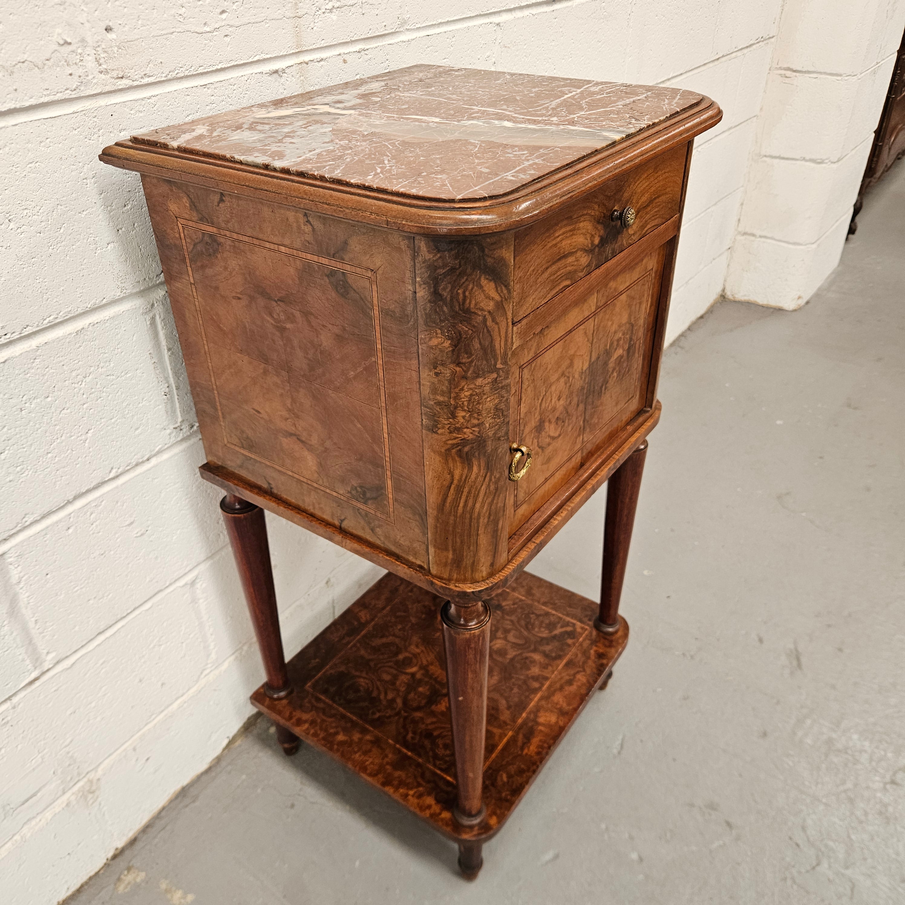 French Figured Walnut Marble Top Bedside | Antique & Vintage | Moonee Ponds Antiques | Australia Wide