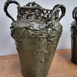 Stunning Pair Of Bronze Art Nouveau Vases by French Sculptor H. Bureau C:1890