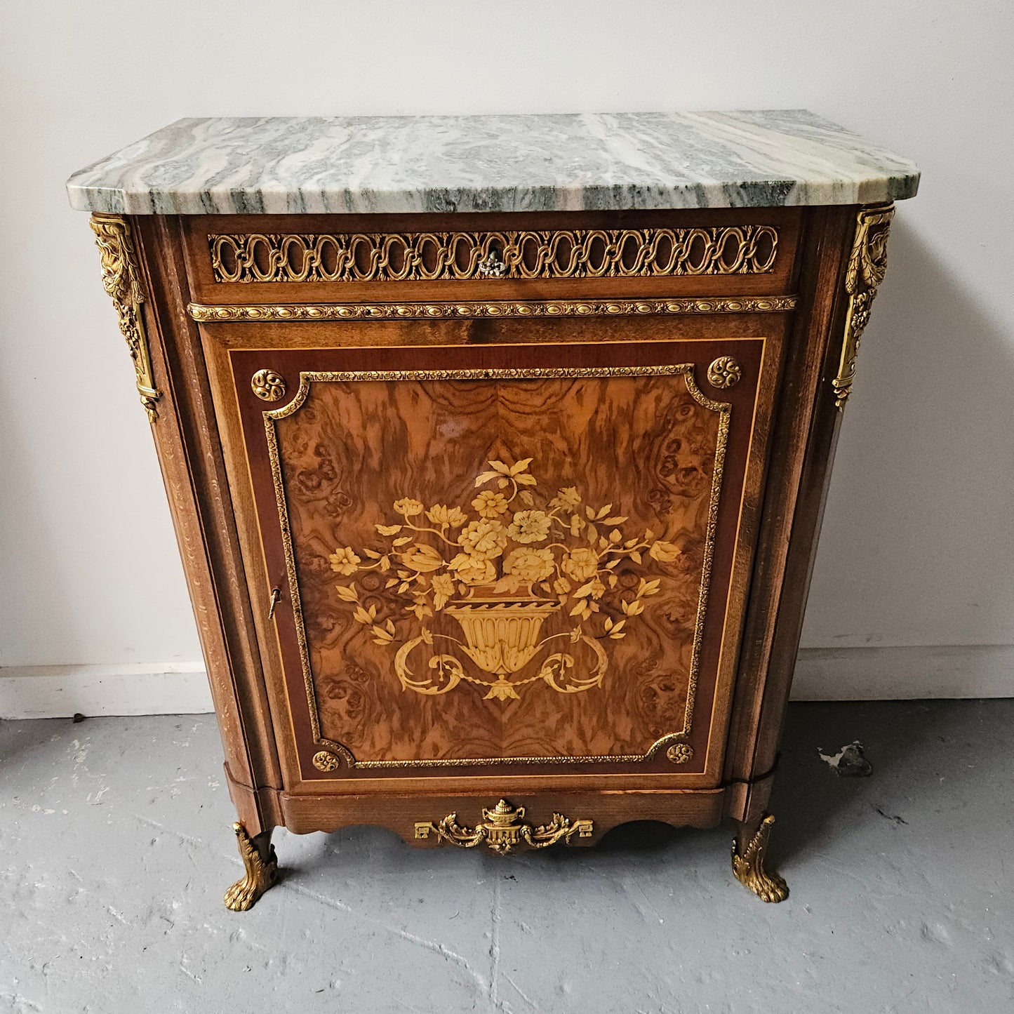 French Walnut Louis XV Style Marble Top Marquetry Inlaid Side Cabinet