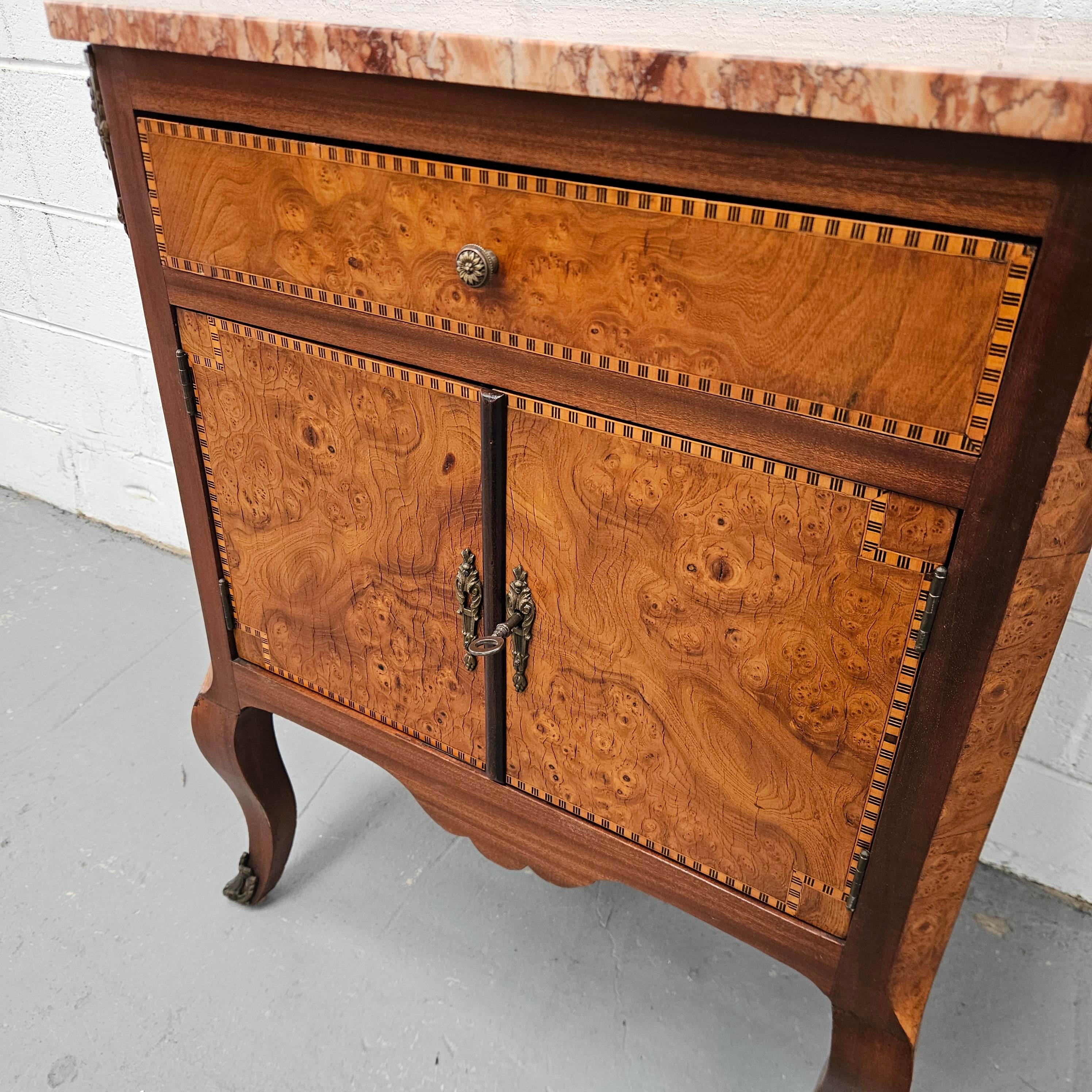 French Burr Walnut & Walnut Marble Top Side Cabinet | Antique & Vintage | Moonee Ponds Antiques | Australia Wide