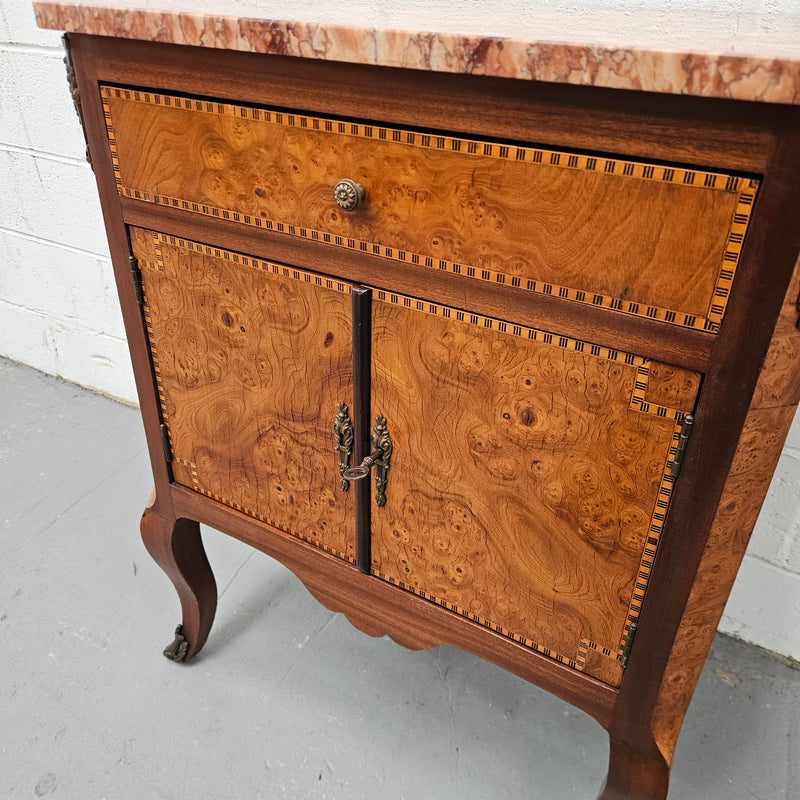 French Burr Walnut & Walnut Marble Top Side Cabinet