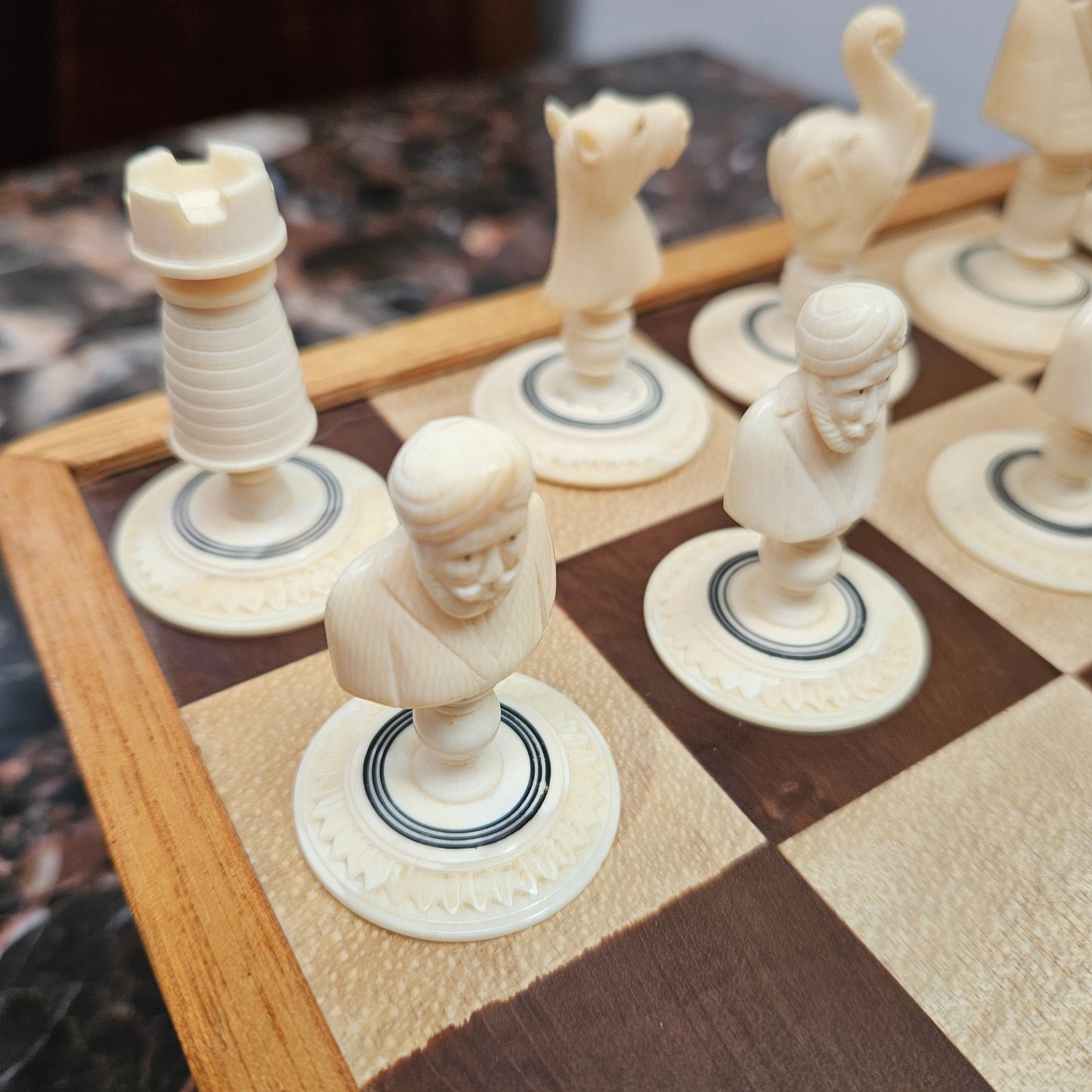 Antique Carved & Stained Ivory Chess Set