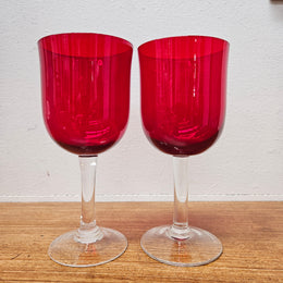 Pair Of Vintage Ruby Red Wine Glasses