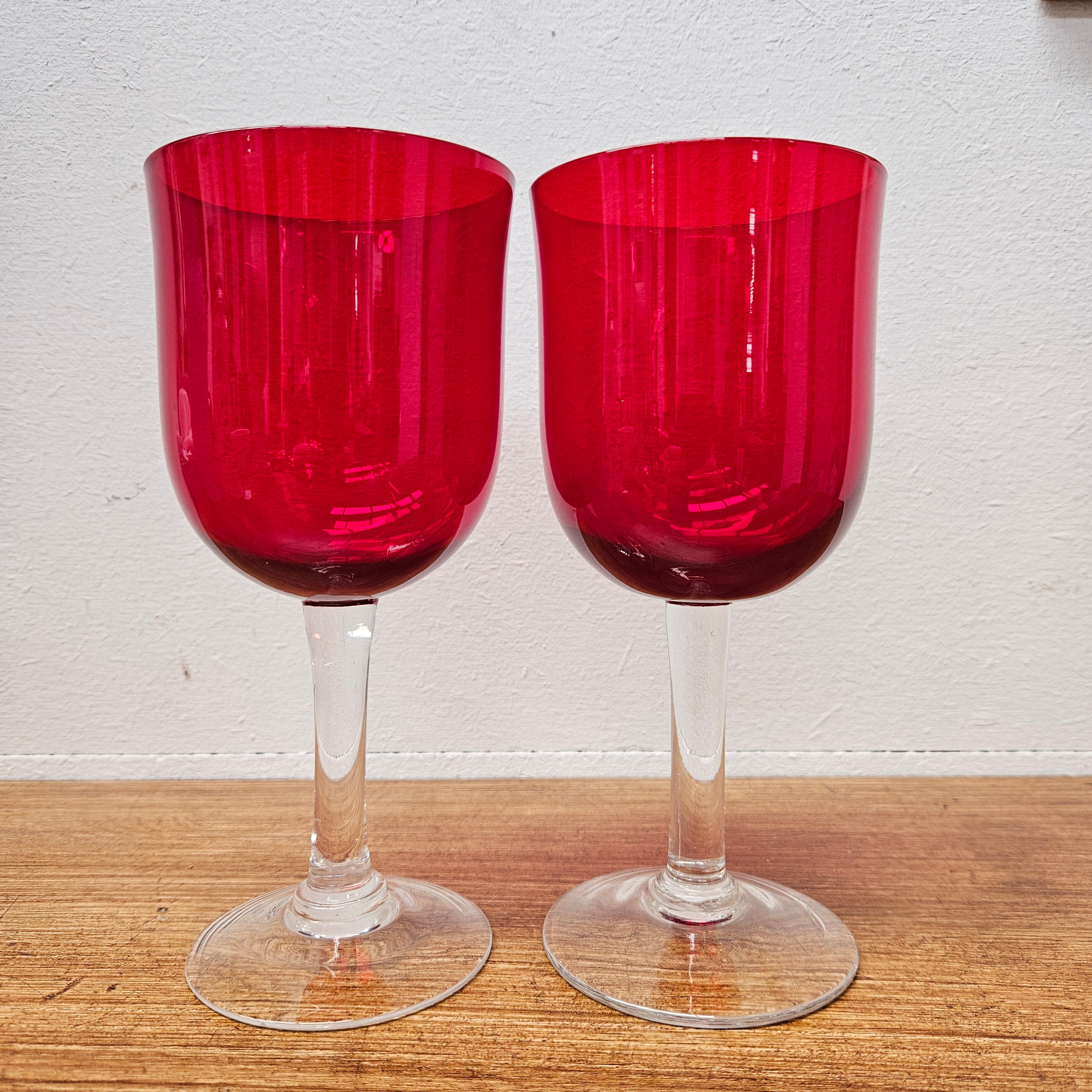 Pair Of Vintage Ruby Red Wine Glasses