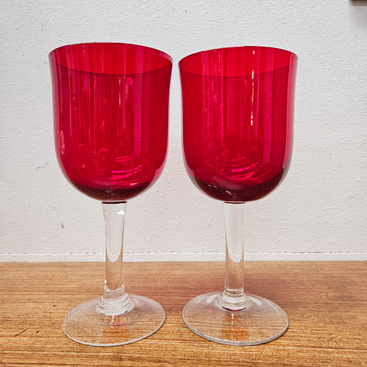 Pair Of Vintage Ruby Red Wine Glasses