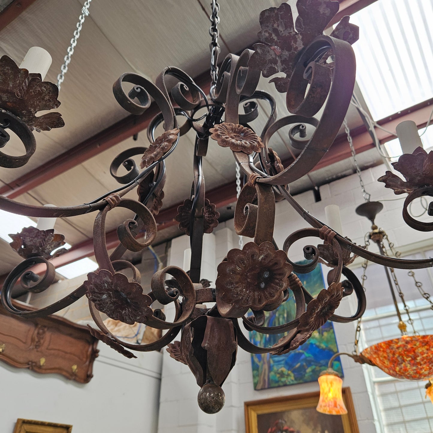 Rustic French Cast Iron Six Arm Chandelier