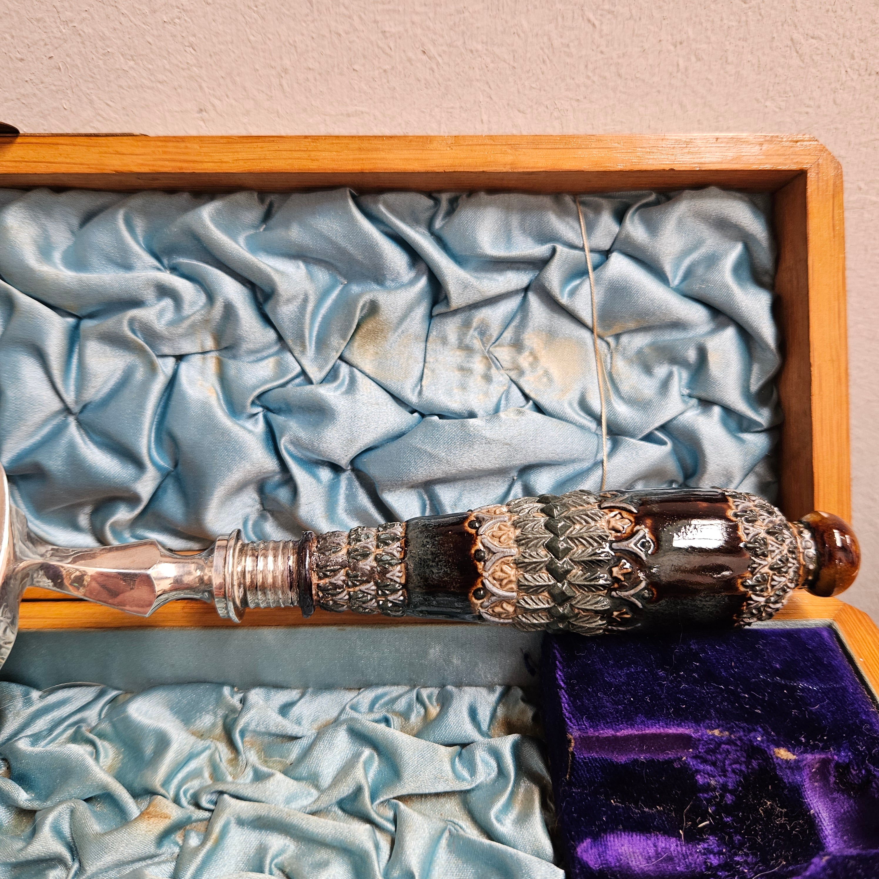 Edwardian Stoneware & Silver Plate Crumb Scoop In Original Box | Antique & Vintage | Moonee Ponds Antiques | Australia Wide Delivery
