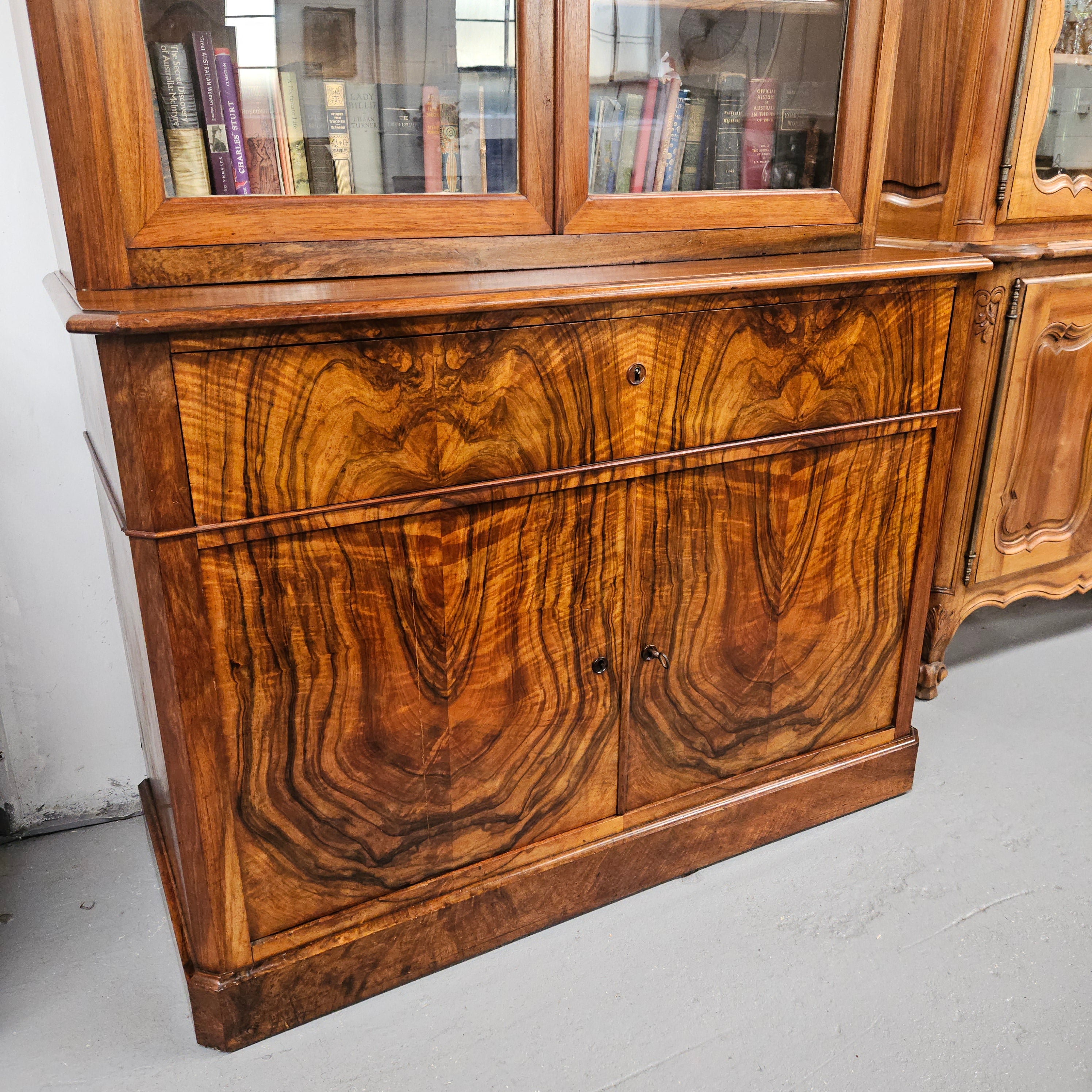 19th Century French Figured Walnut Two Door Bookcase Secretaire | Antique & Vintage | Moonee Ponds Antiques | Australia Wide Delivery