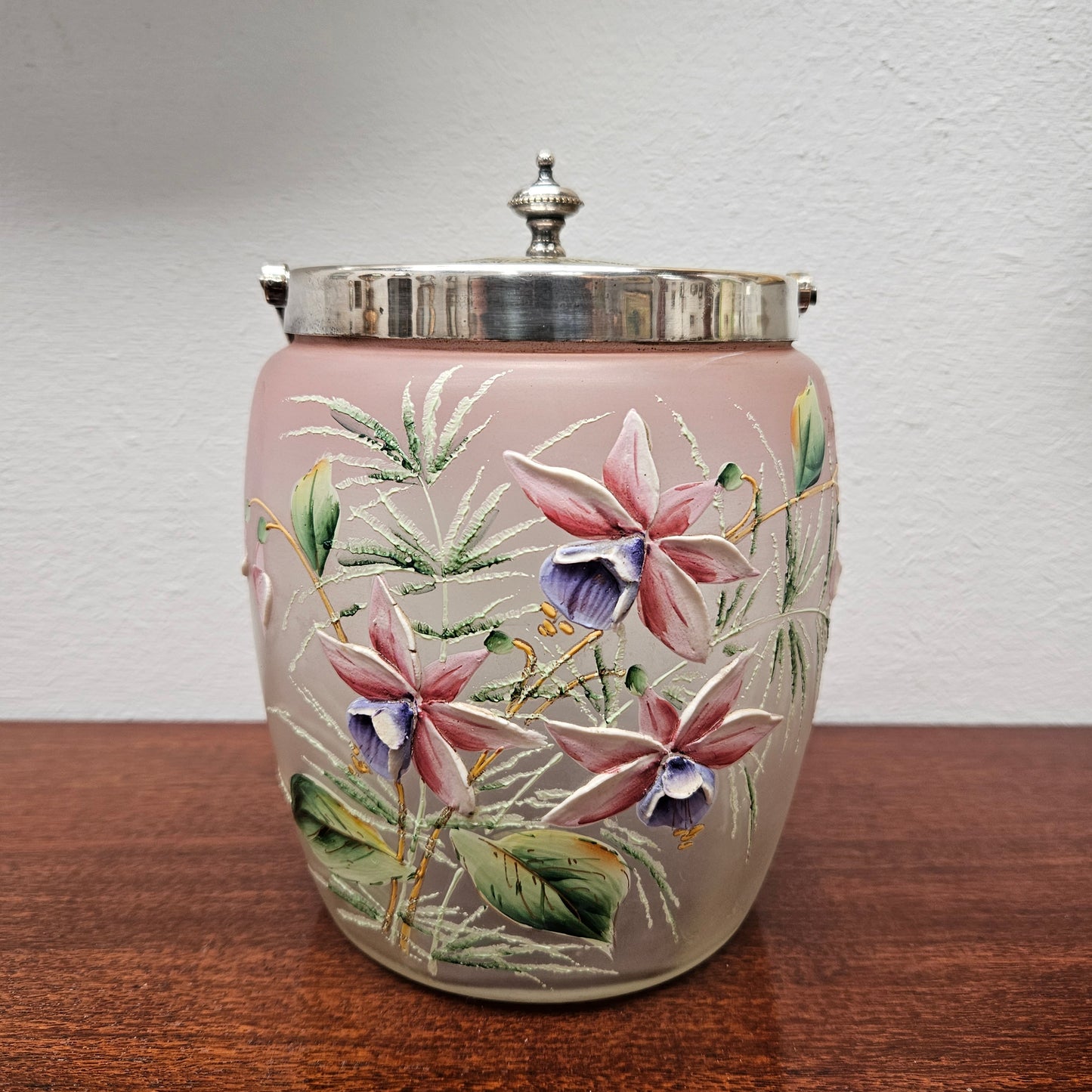 Edwardian Glass Enamel Decorated Biscuit Barrel