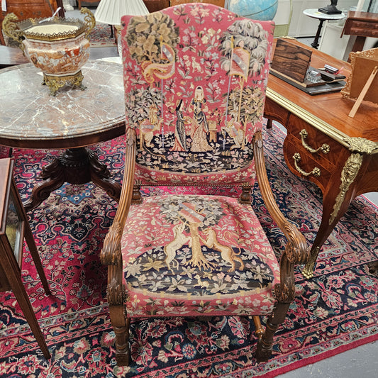 French 19th Century Walnut & Tapestry Fireside / Throne Chair