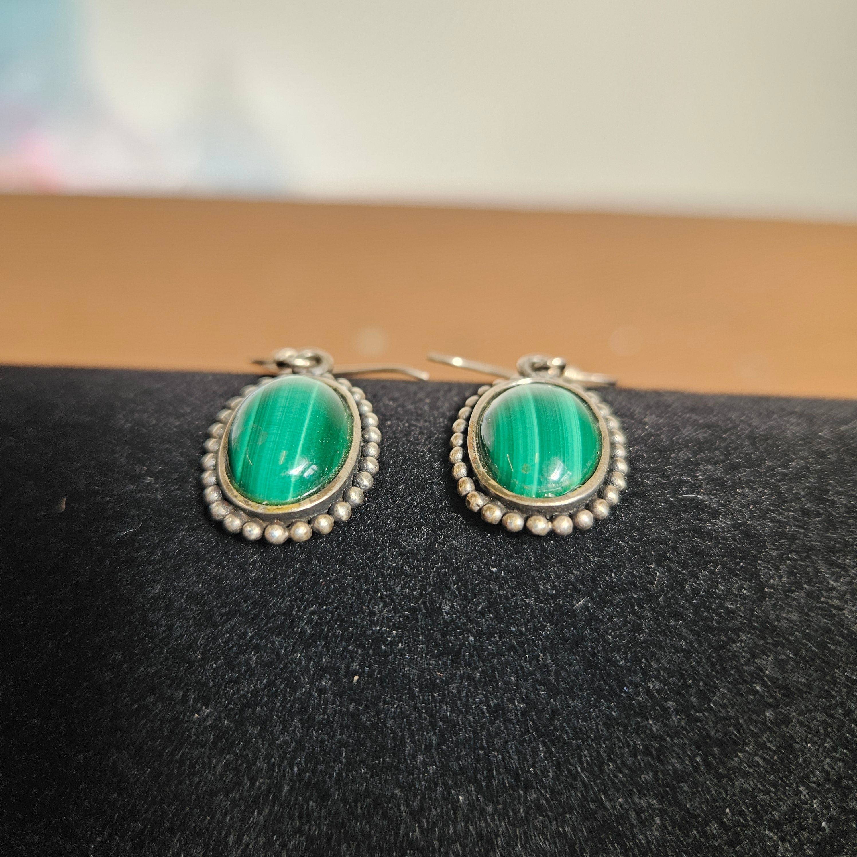 Vintage Oval Malachite & Sterling Silver Drop Earrings