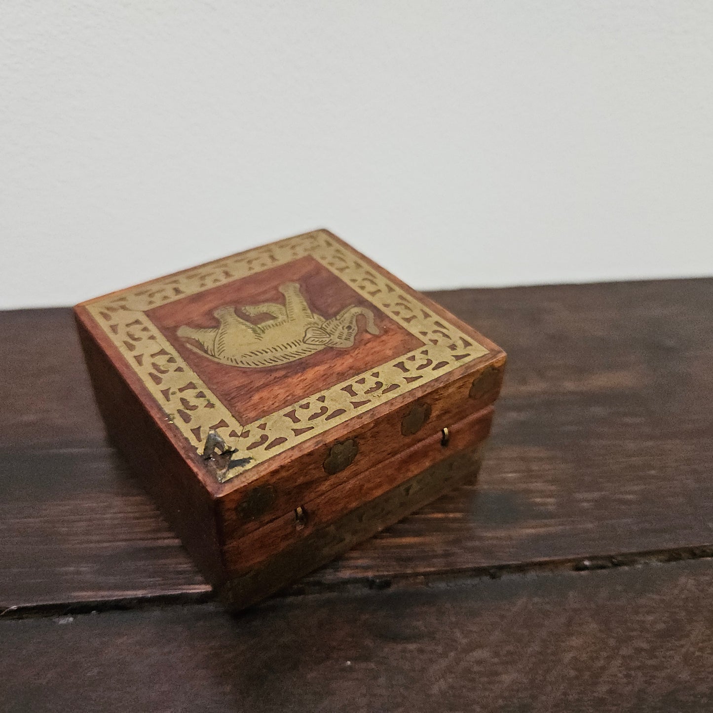 Vintage Brass Inlaid Wooden Hinged Trinket Box