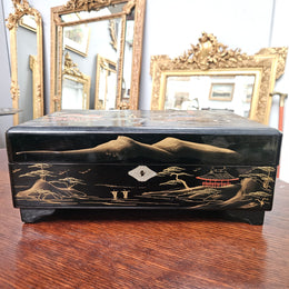 Vintage Japanese Lacquer , Abalone Shell & Gilt Painted  Musical Jewellery Box