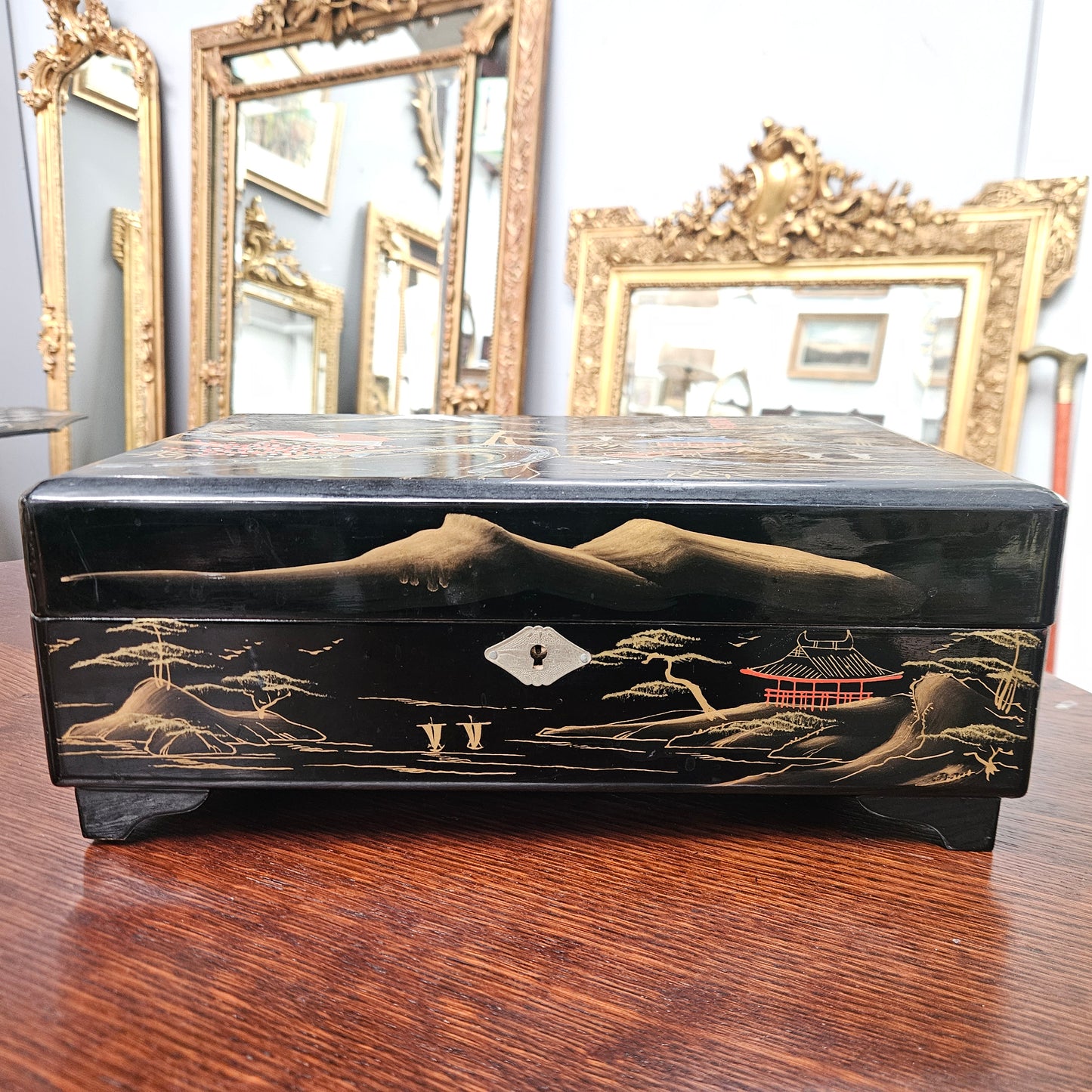 Vintage Japanese Lacquer , Abalone Shell & Gilt Painted  Musical Jewellery Box