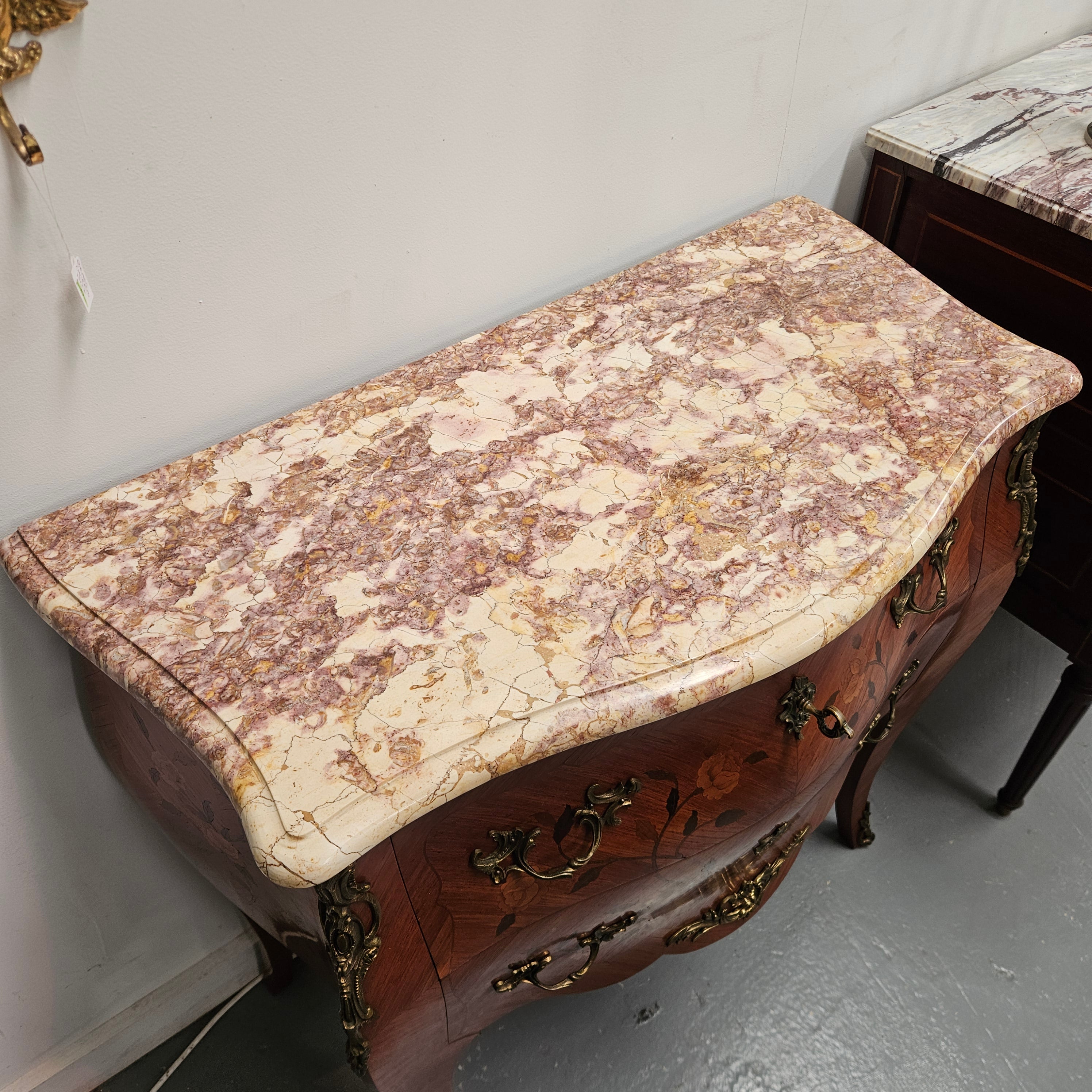 Louis 15th Style Medium Size Marquetry Inlay Marble Top Commode. | Antique & Vintage | Moonee Ponds Antiques | Australia Wide Delivery