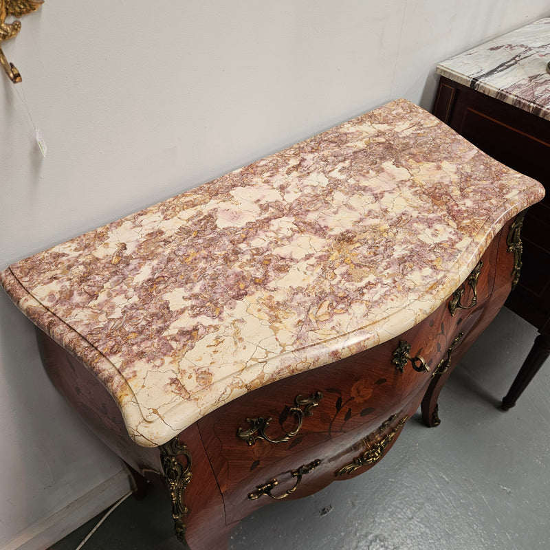 Louis 15th Style Medium Size Marquetry Inlay Marble Top Commode.