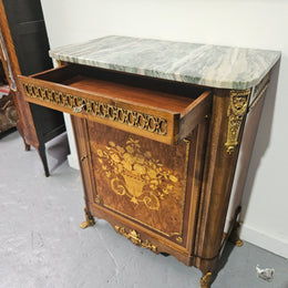 French Walnut Louis XV Style Marble Top Marquetry Inlaid Side Cabinet