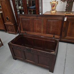 18th Century French Oak Coffer Featuring Beautiful Carvings