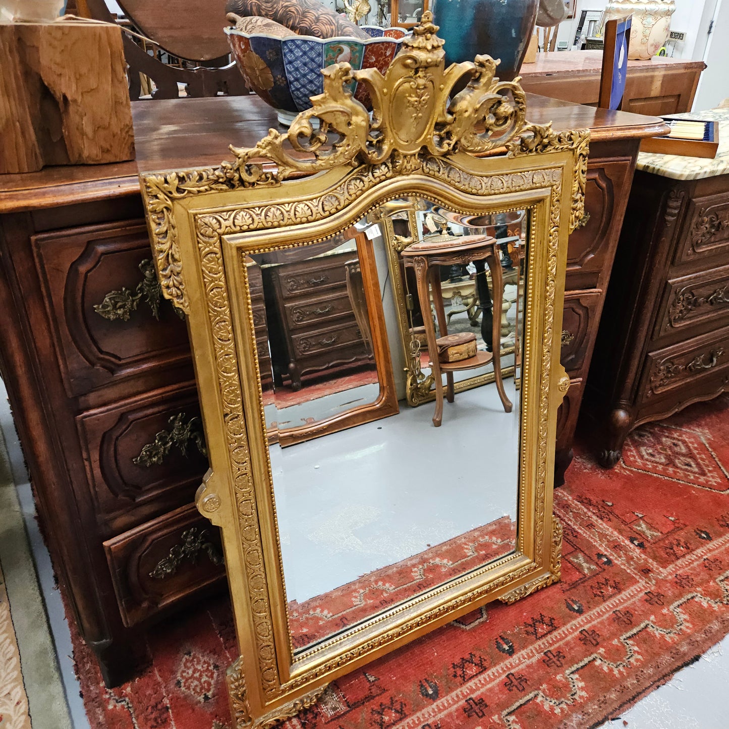 Napoleon III Style French Gilt & Floral Decorated Bevelled Mirror