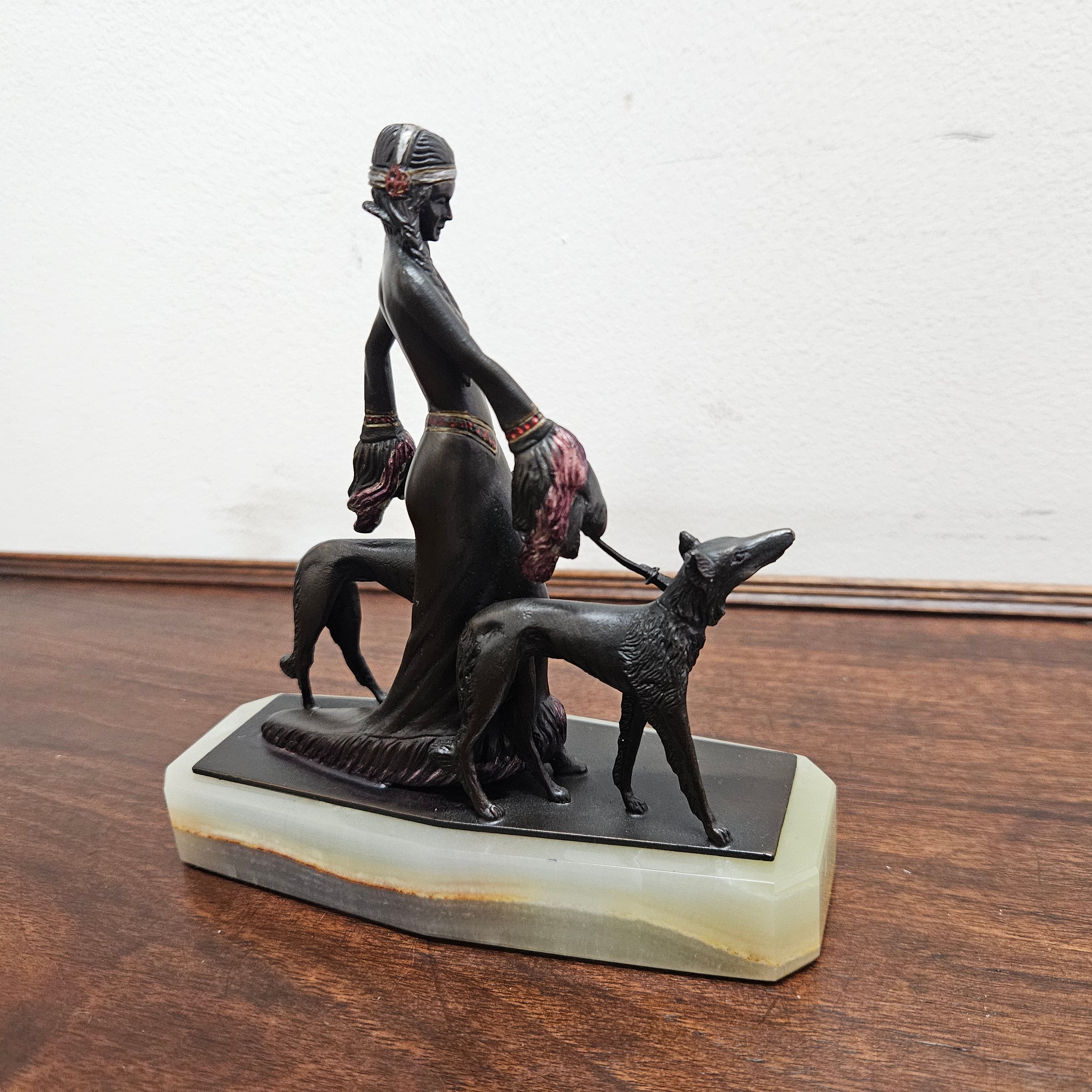 Small Art Deco Bronze Lady With 2 Borzoi Dogs | Antique & Vintage | Moonee Ponds Antiques | Australia Wide Delivery