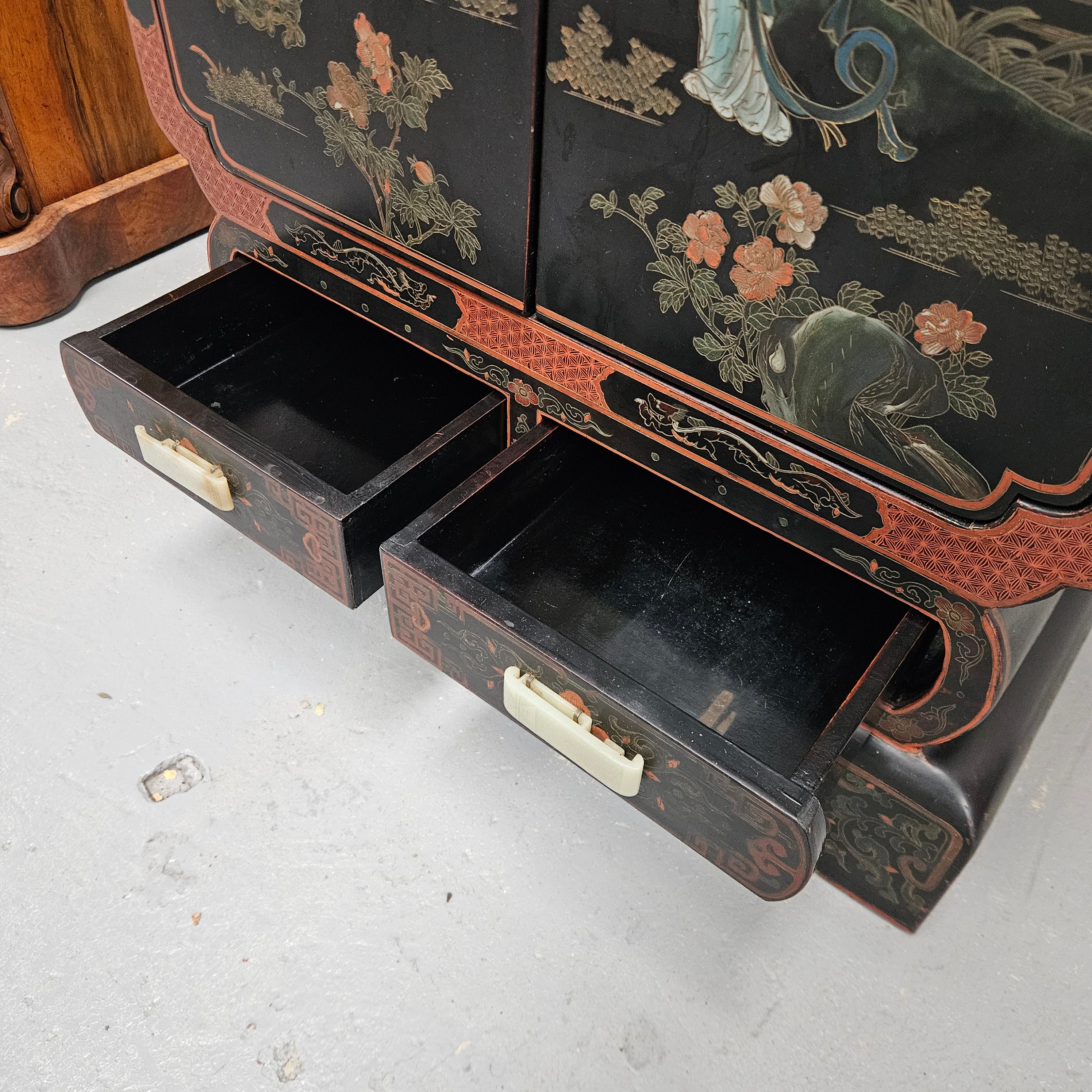 High Quailty Ebonised Chinese Cabinet with Jade Handel's & Handel's Painted | Antique & Vintage | Moonee Ponds Antiques | Australia Wide Delivery