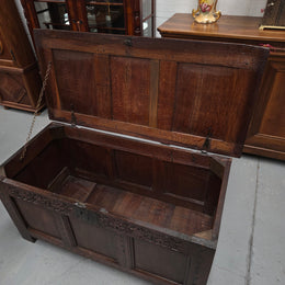 18th Century French Oak Coffer Featuring Beautiful Carvings
