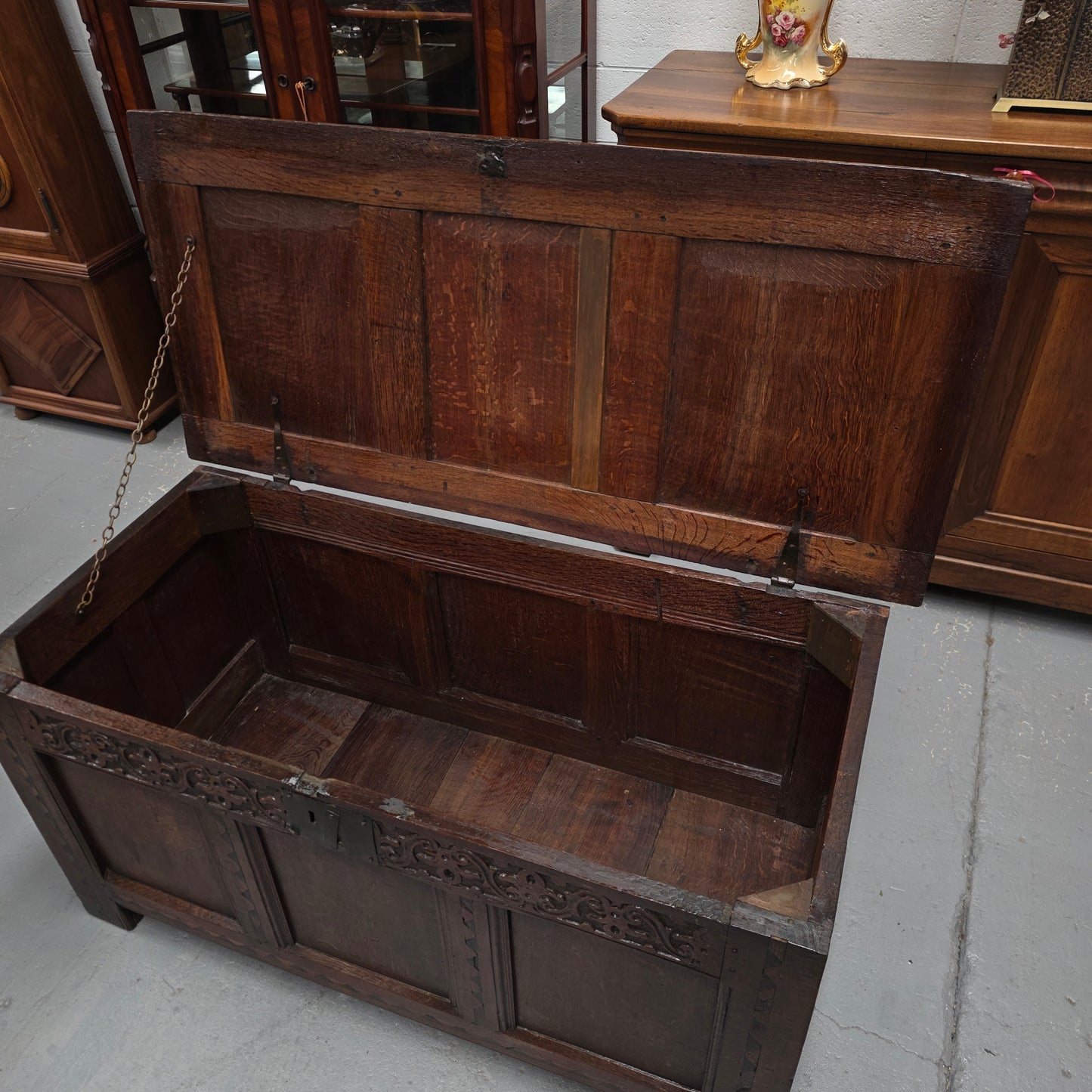 18th Century French Oak Coffer Featuring Beautiful Carvings