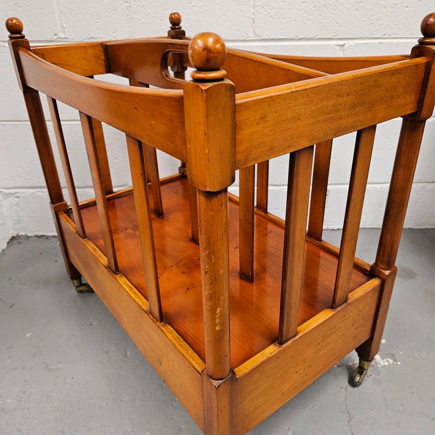 Vintage English Yew Canterbury Newspaper Stand on Brass Wheels