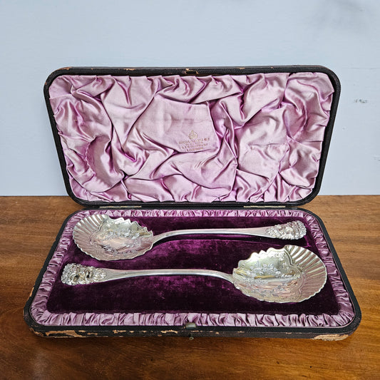 Superior Pair of Solid Silver Georgian Berry Serving Spoons in Case