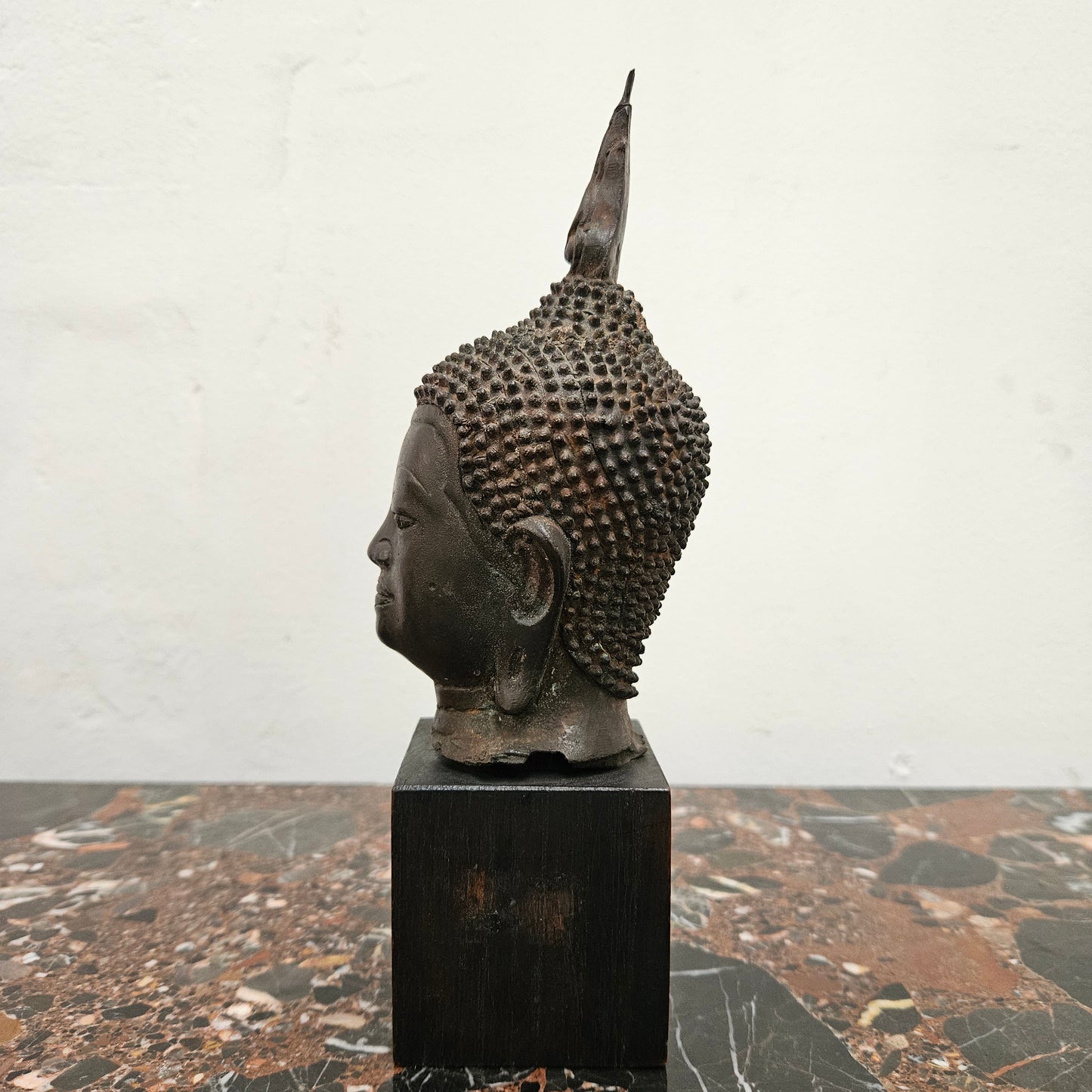 Antique Bronze Buddha Head On Plinth