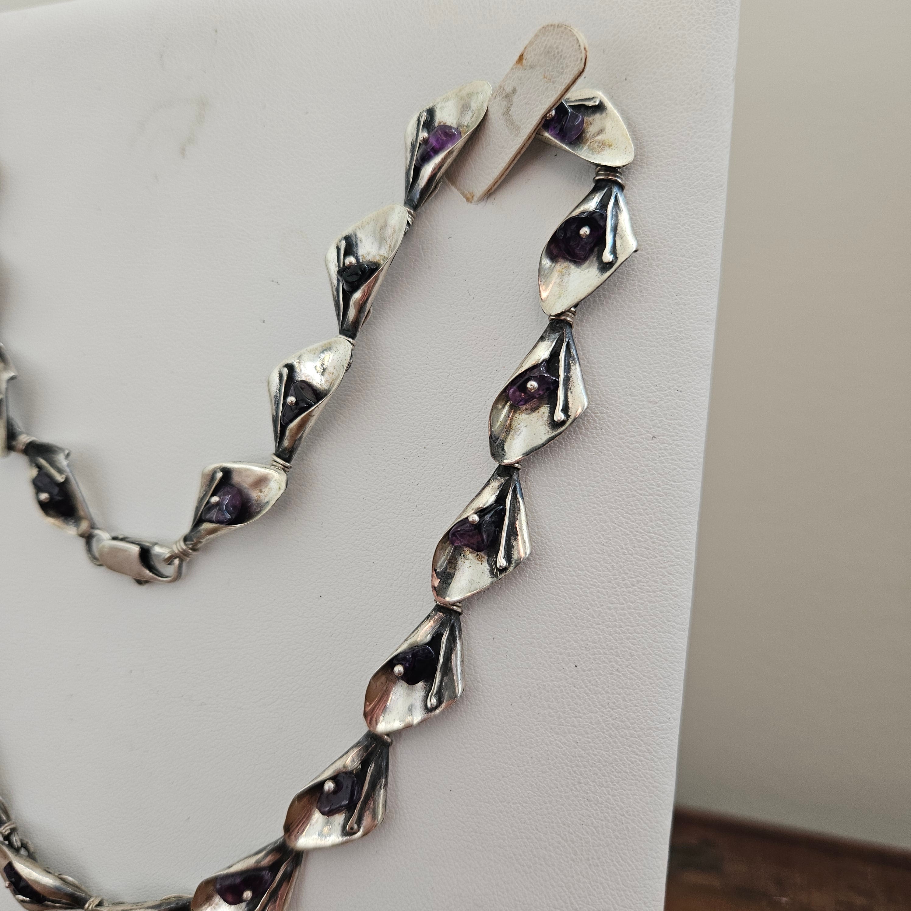Vintage Sterling Silver Leaf Link And Amethyst Necklace