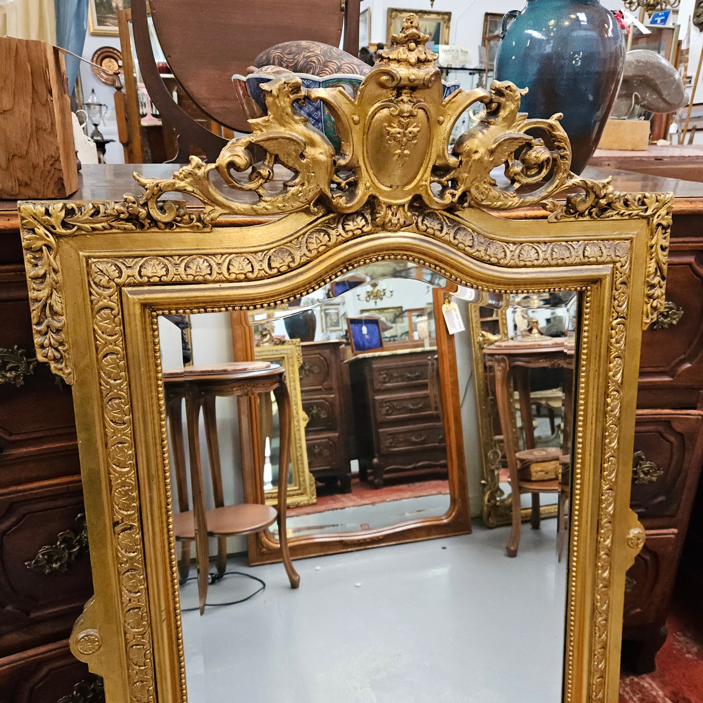 Napoleon III Style French Gilt & Floral Decorated Bevelled Mirror