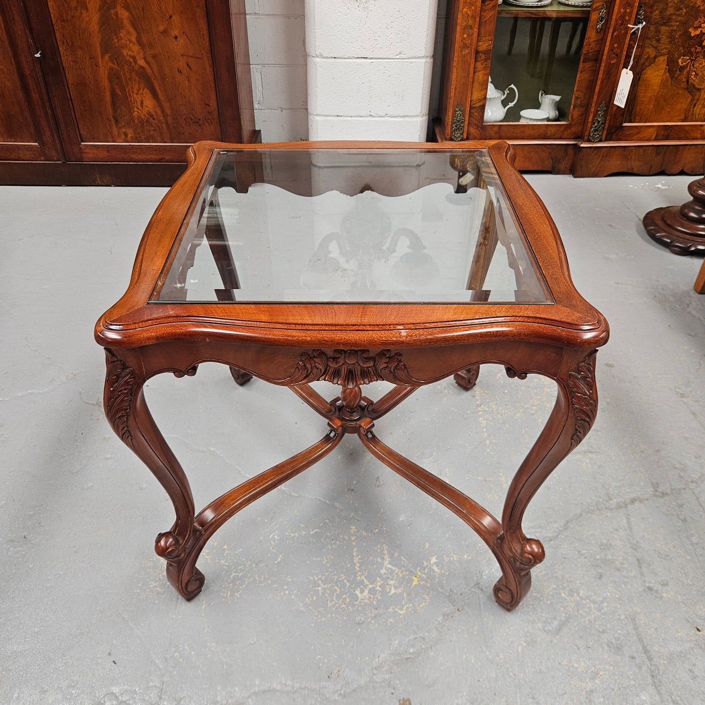 Vintage Mahogany Glass Top Coffee / Side Table Rococo Style