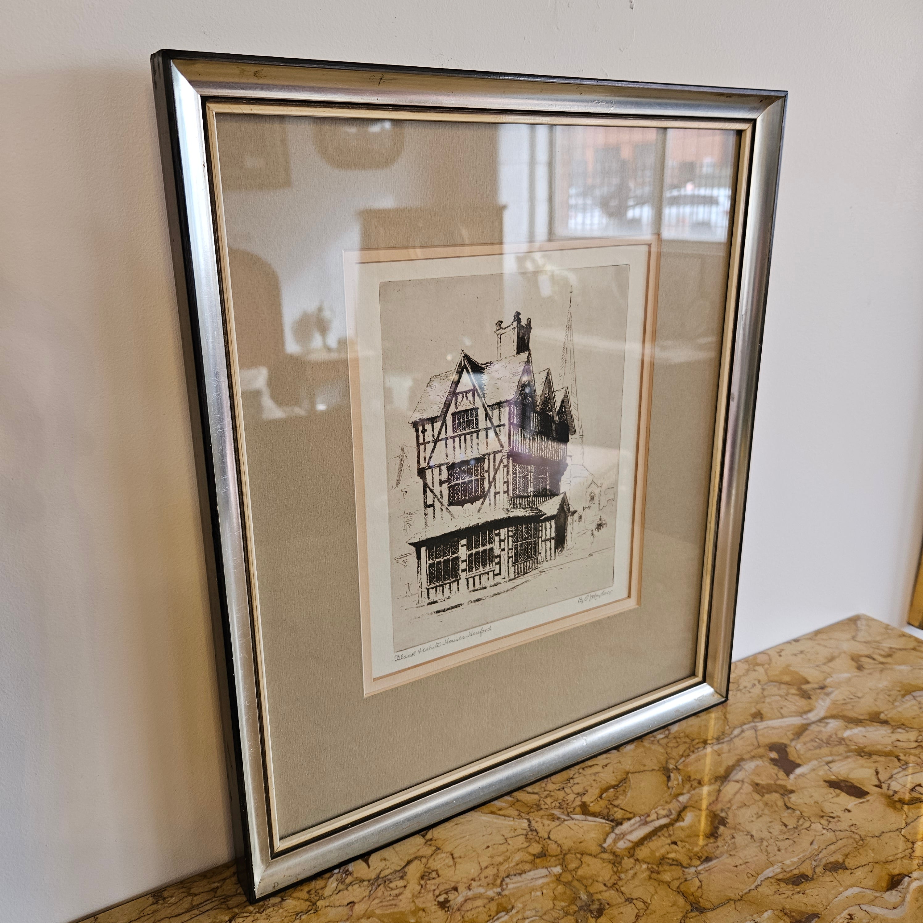 Framed Etching "Black and White Houses Hereford" by E Mayberry | Antique & Vintage | Moonee Ponds Antiques | Australia Wide Delivery