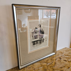 Framed Etching "Black and White Houses Hereford" by E Mayberry | Antique & Vintage | Moonee Ponds Antiques | Australia Wide Delivery