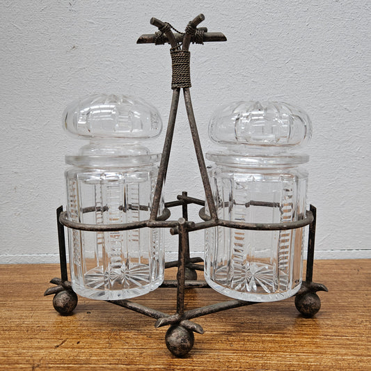 Antique Pick/Olive Glass Set In Stand